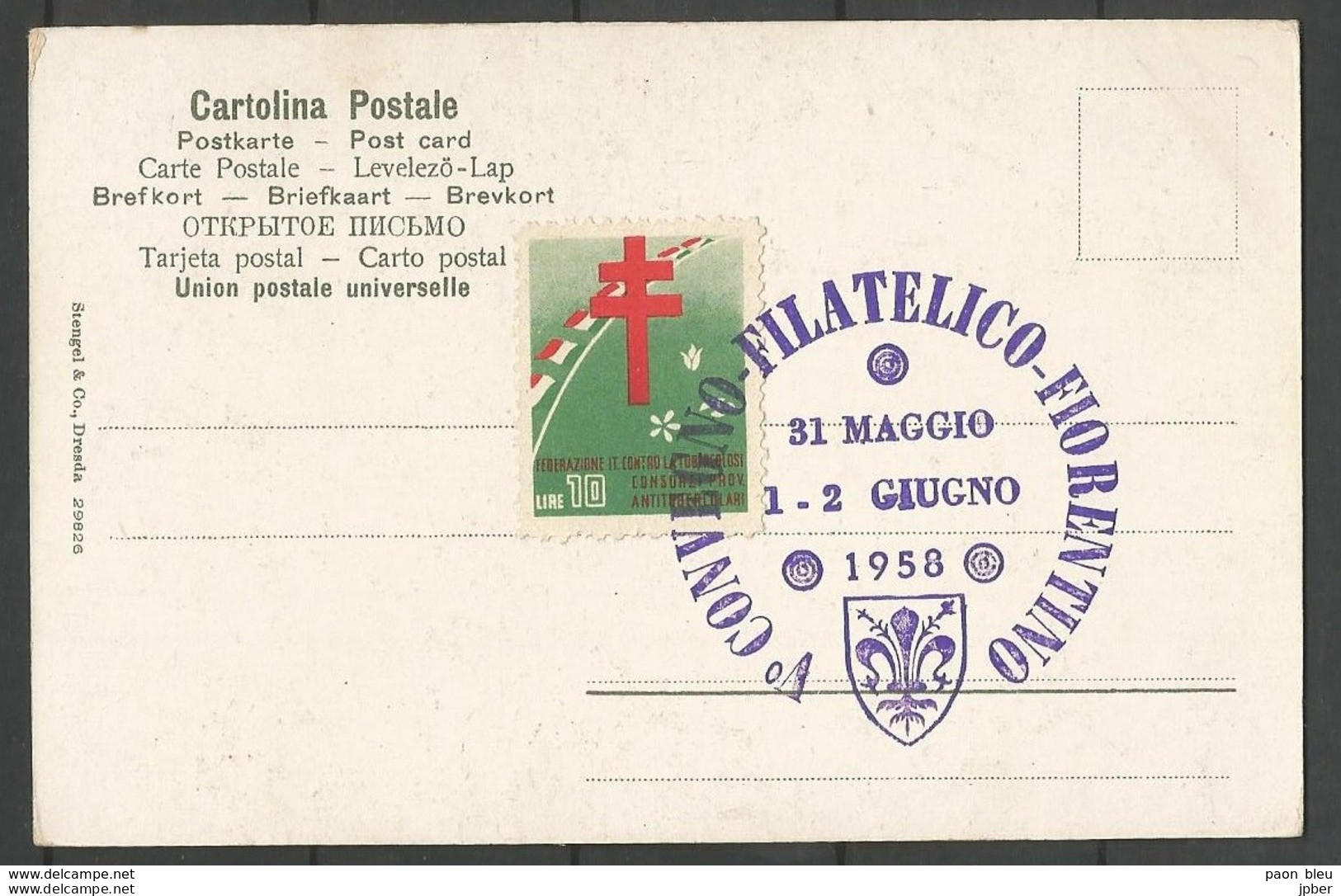 Italie - Carte 31/05/58 - Convegno Filatelico Fiorentino Firenze - Congrès Philatélique Florence - 1946-60: Marcophilia