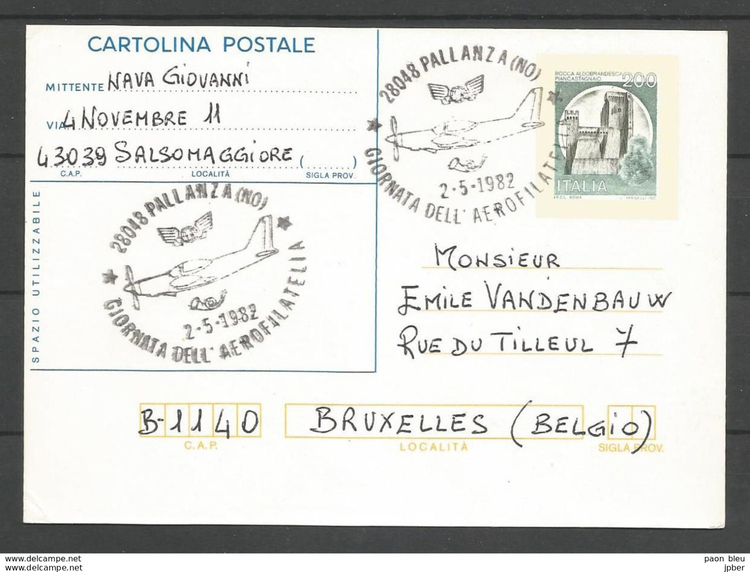 Aérophilatélie - Italie - Carte 02/05/82 - Pallenza - Giornata Dell Aerofilatelia - Piancastagnaio - 1981-90: Marcophilia