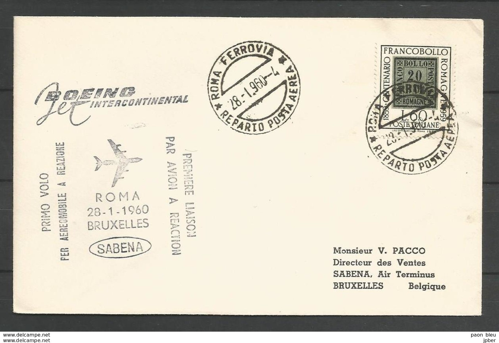 Italie - Lettre Du 28/01/1960 - 1er Vol Roma-Bruxelles - Sabena - Boeing - Francobollo Romagne - 1946-60: Poststempel