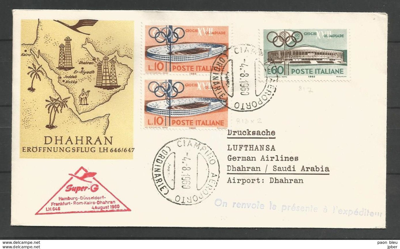Aérophilatélie - Italie - Lettre 04/08/1960 - Lufthansa Frankfurt-Rom-Kairo-Dharan - Jeux Olympiques - 1946-60: Storia Postale