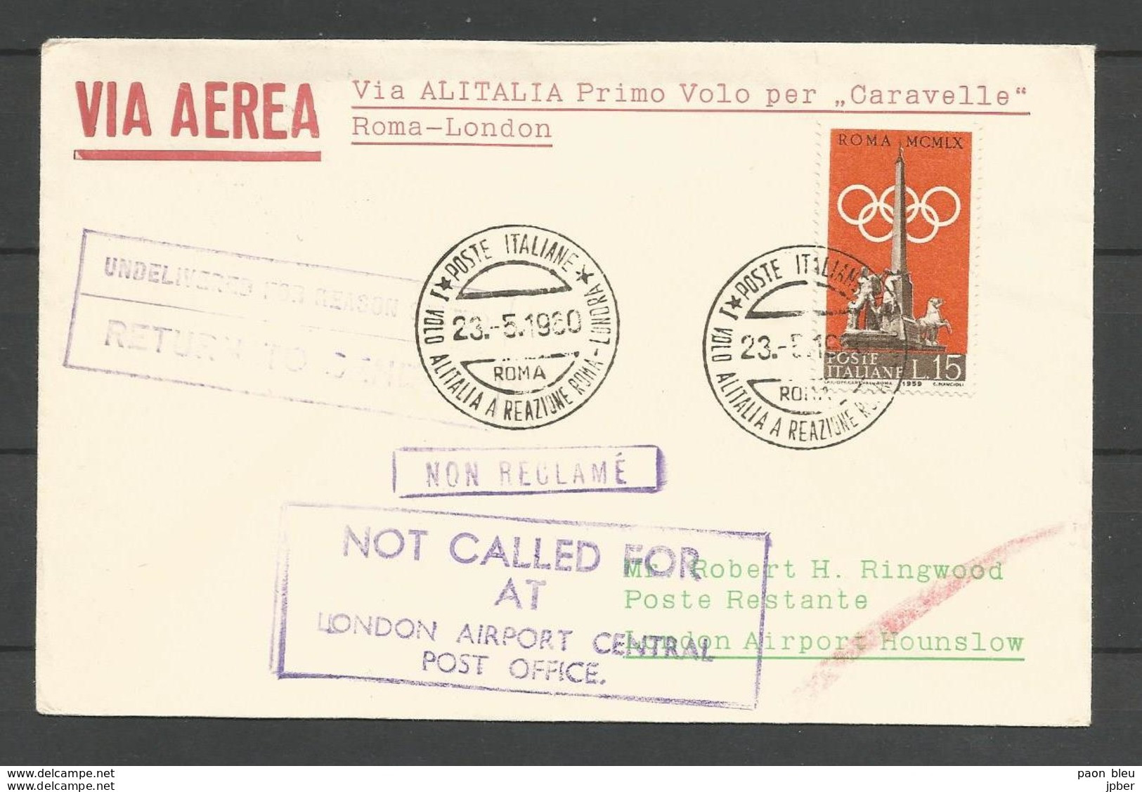 Aérophilatélie - Italie - Lettre 23/05/1960 - Alitalia 1o Volo Caravelle Roma-London - Jeux Olympiques - 1946-60: Poststempel