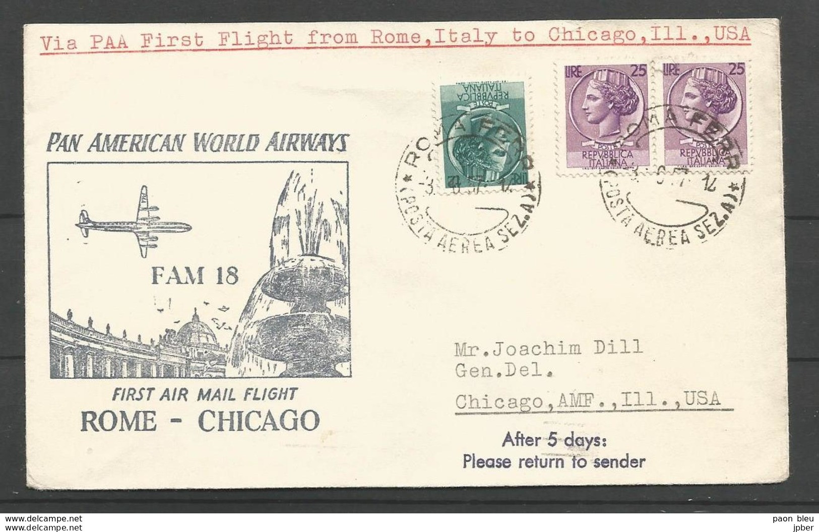 Italie - Lettre Du 08/06/57 - 1er Vol Pan Am Rome-Chicago - - 1946-60: Marcofilia