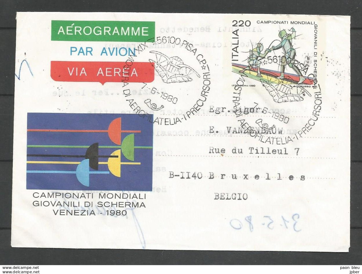 Aérophilatélie - Italie - Aérogramme 07/06/80 Pise-Bruxelles - Championnats Mondiaux D'Escrime - 1971-80: Marcofilie