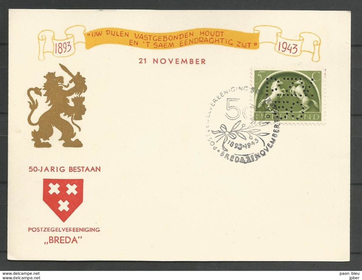 Pays-Bas - Carte 1943 - Postzegelvereeniging - Timbre Perforé PZV 50 - Storia Postale