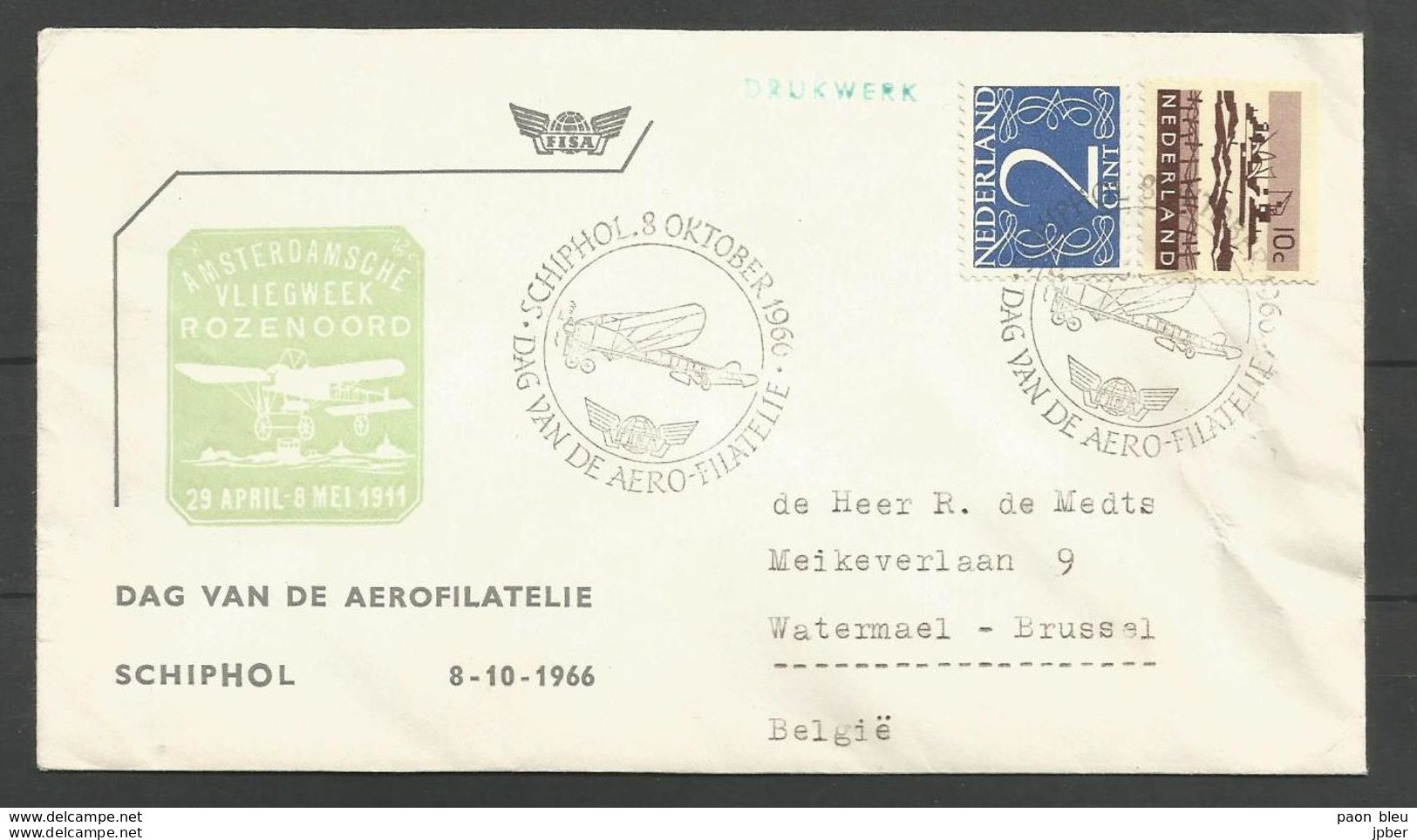 Aérophilatélie - Pays-Bas - Lettre 1966 Schiphol - Dag Van De Aerofilatelie - Luchtpost