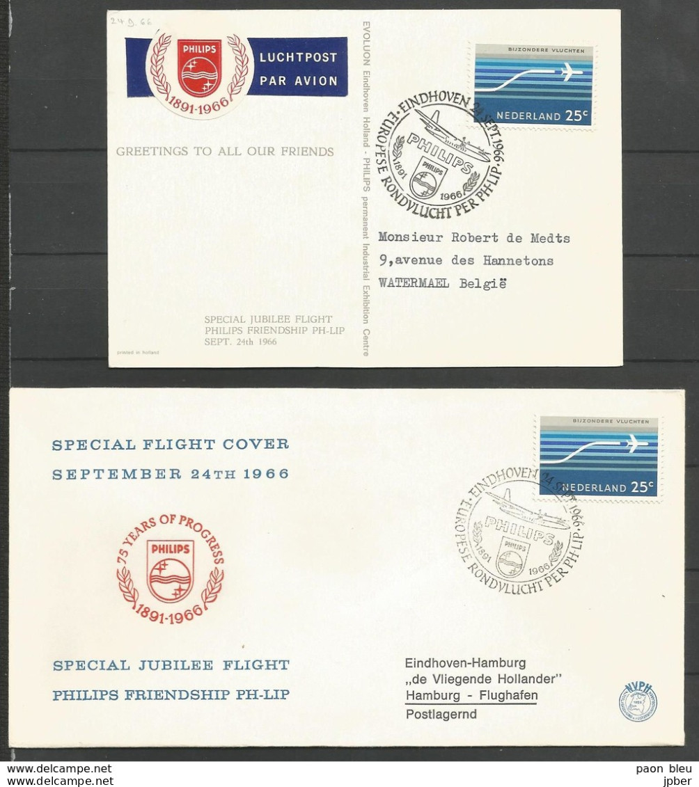 Aérophilatélie - Pays-Bas - Lettre + Carte 1966 - Philips Eindhoven Jubilee Flight - Rondvlucht - Poste Aérienne