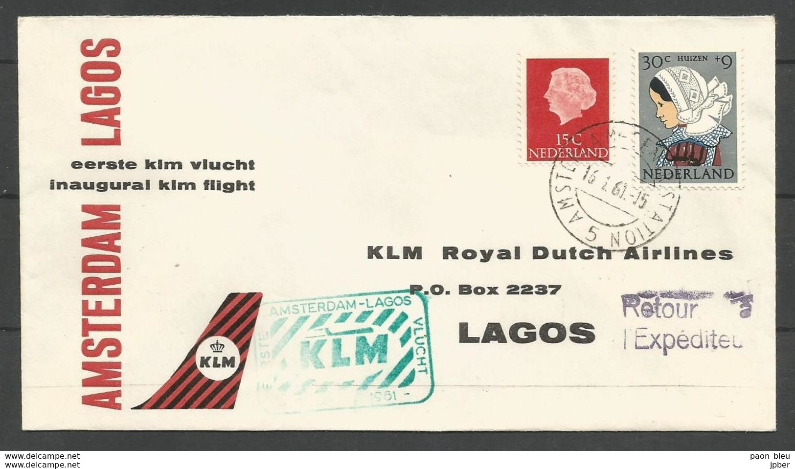 Aérophilatélie - Pays-Bas - Lettre 1961 - KLM Amsterdam-Lagos - Luchtpost