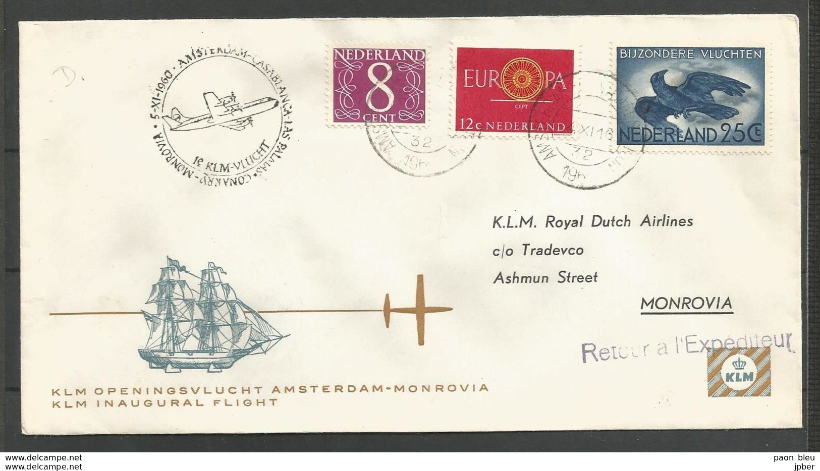 Aérophilatélie - Pays-Bas - Lettre 1960 - KLM Amsterdam-Casablanca-Las Palmas-Conacry-Monrovia - Luchtpost