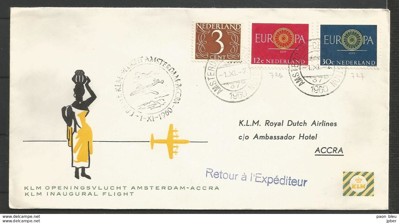 Aérophilatélie - Pays-Bas - Lettre 1960 - KLM Openingsvlucht Amsterdam-Accra - Luftpost