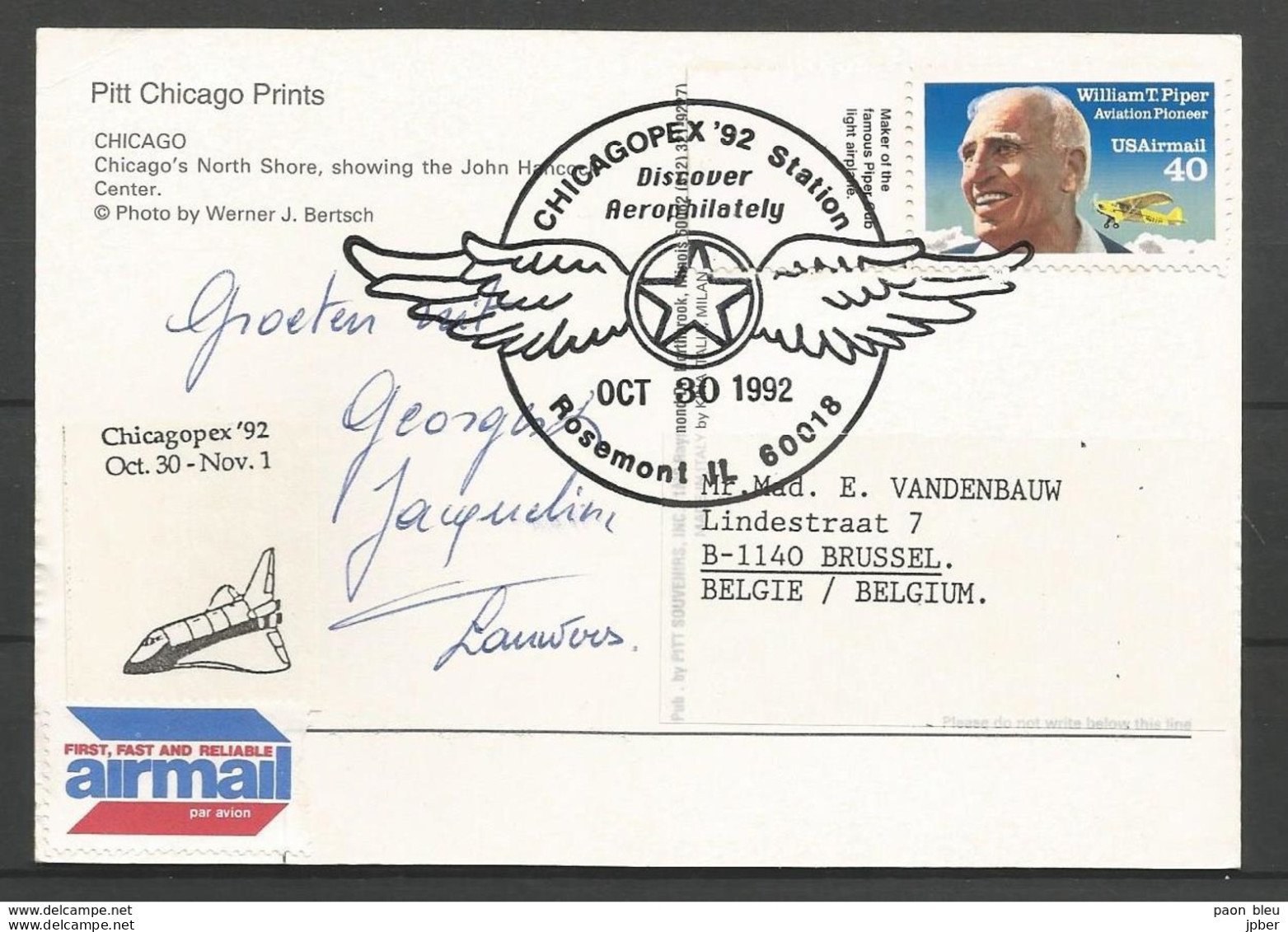Aérophilatélie - USA - Carte 30/10/92 - Chicagopex - Discover Aerophilately - Rosemont Illinois - 3c. 1961-... Cartas & Documentos