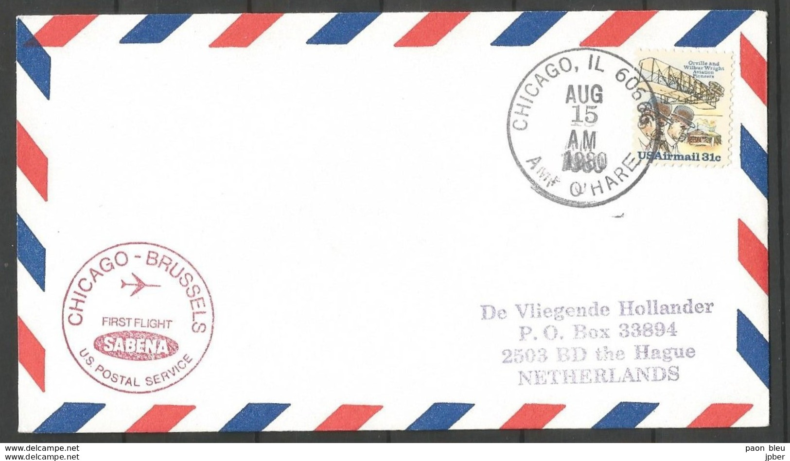 Aérophilatélie - USA -  Lettre 15/08/80 - Chicago-Bruxelles - 1er Vol Sabena - 3c. 1961-... Covers