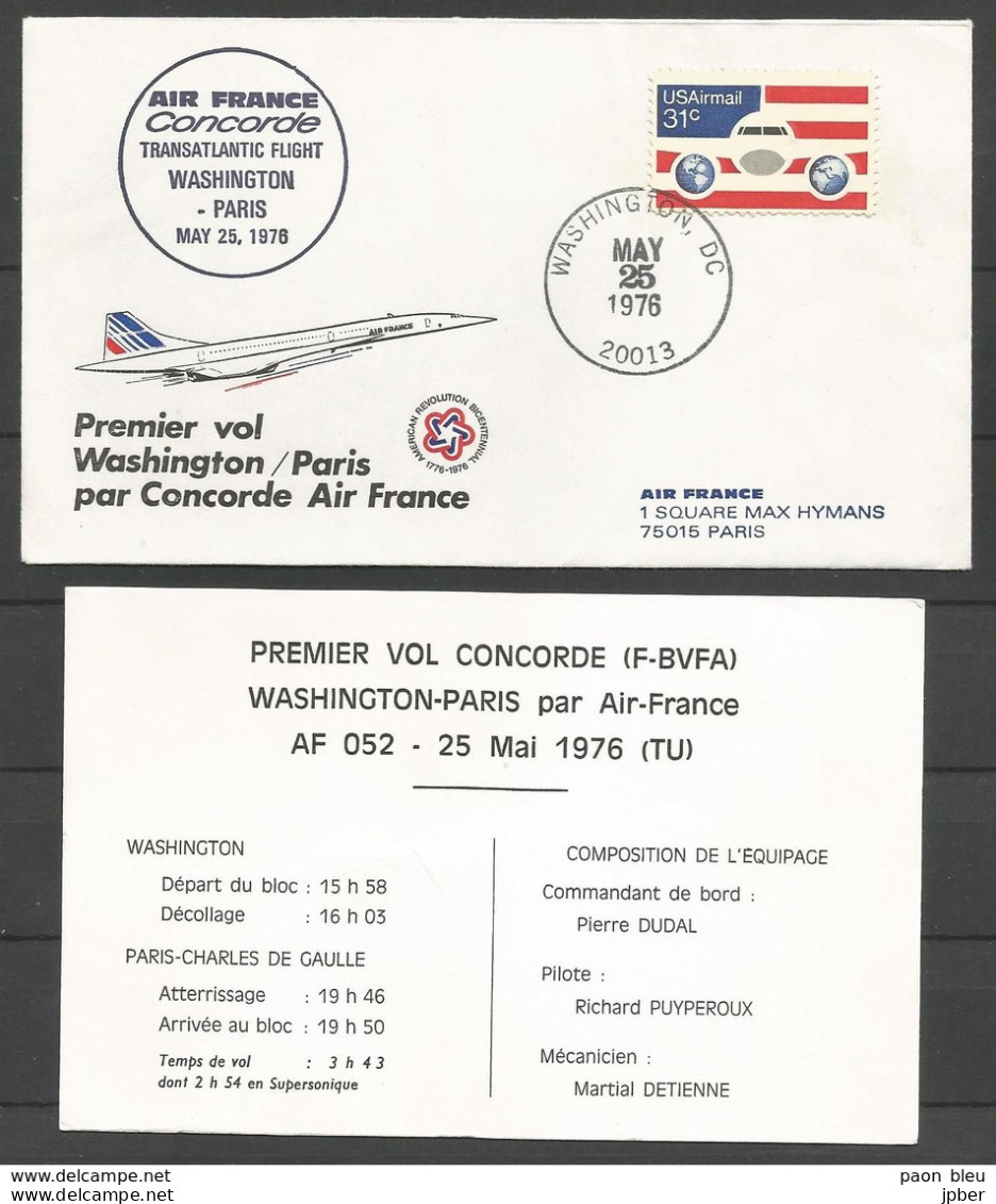 Aérophilatélie - USA -  Lettre 25/05/76 - Washington - Paris - 1er Vol Air France Concorde - 3c. 1961-... Briefe U. Dokumente