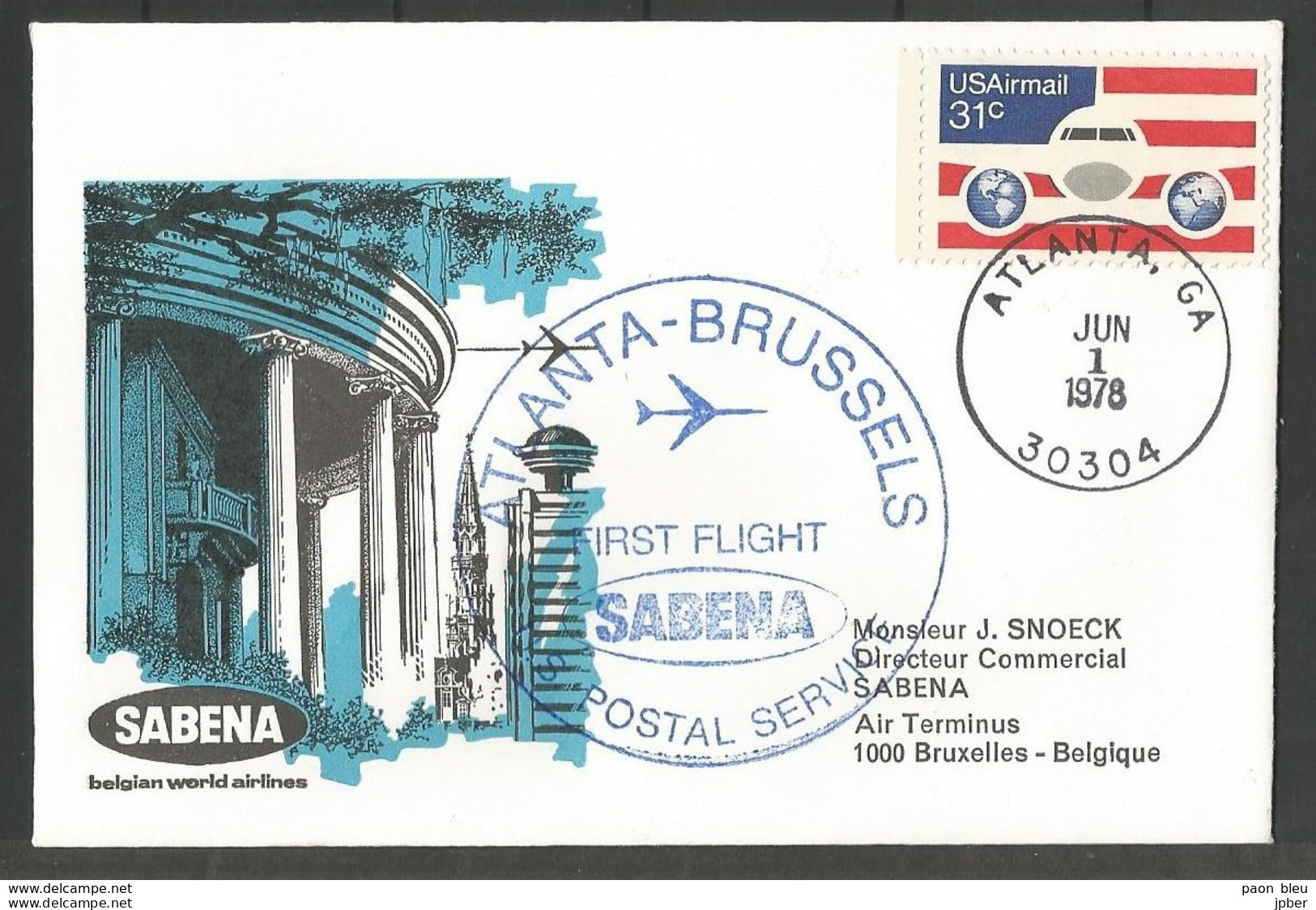 Aérophilatélie - USA -  Lettre 01/06/78 - Atlanta-Bruxelles - 1er Vol Sabena - 3c. 1961-... Covers