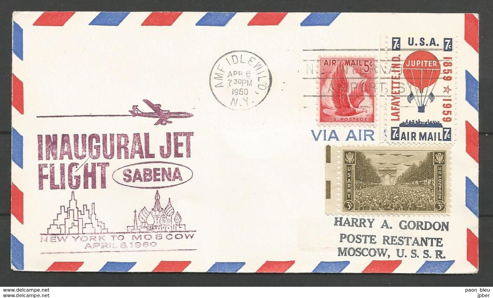 Aérophilatélie - USA - Lettre 1960 - New York-Moscou - Sabena Boeing Intercontinental 707 - Vignette Soldats Américains - 2c. 1941-1960 Lettres