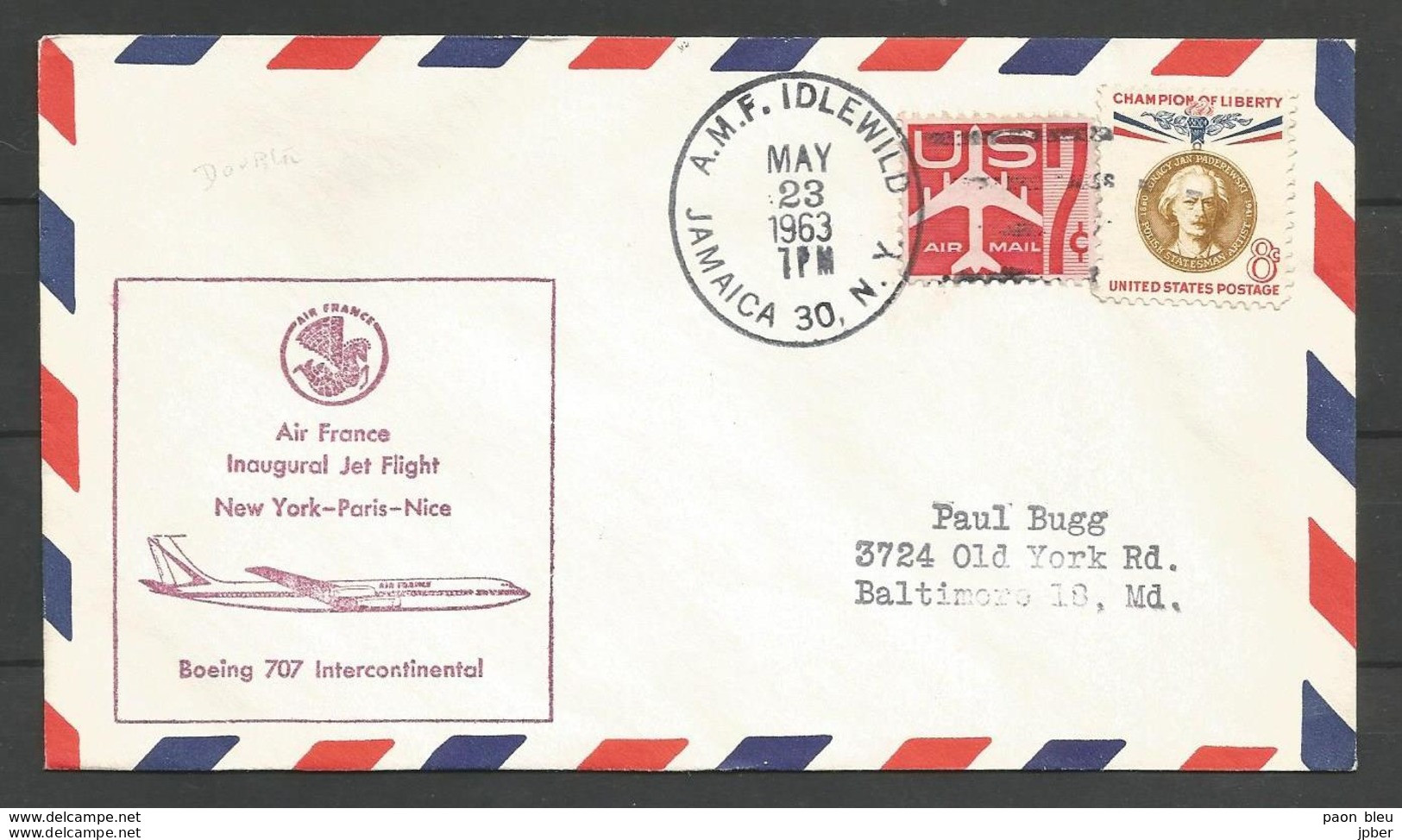 Aérophilatélie - USA - Lettre 23/05/63 - New York - 1er Vol Air France New York-Paris-Nice - Boeing 707 Intercontinental - 3c. 1961-... Covers