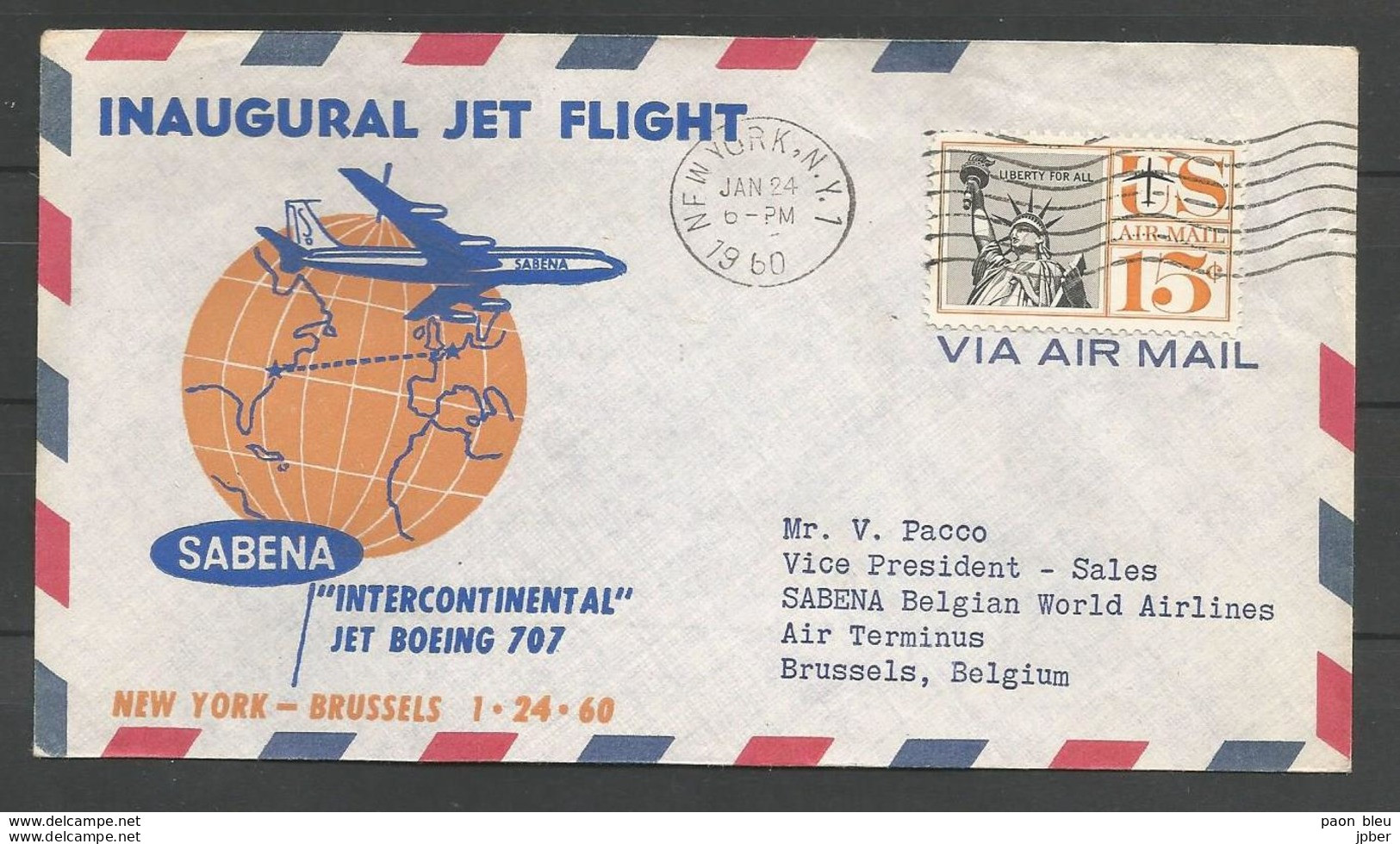 Aérophilatélie - USA - Lettre 24/01/60 - New York-Bruxelles - Sabena Boeing 707 - 2c. 1941-1960 Covers