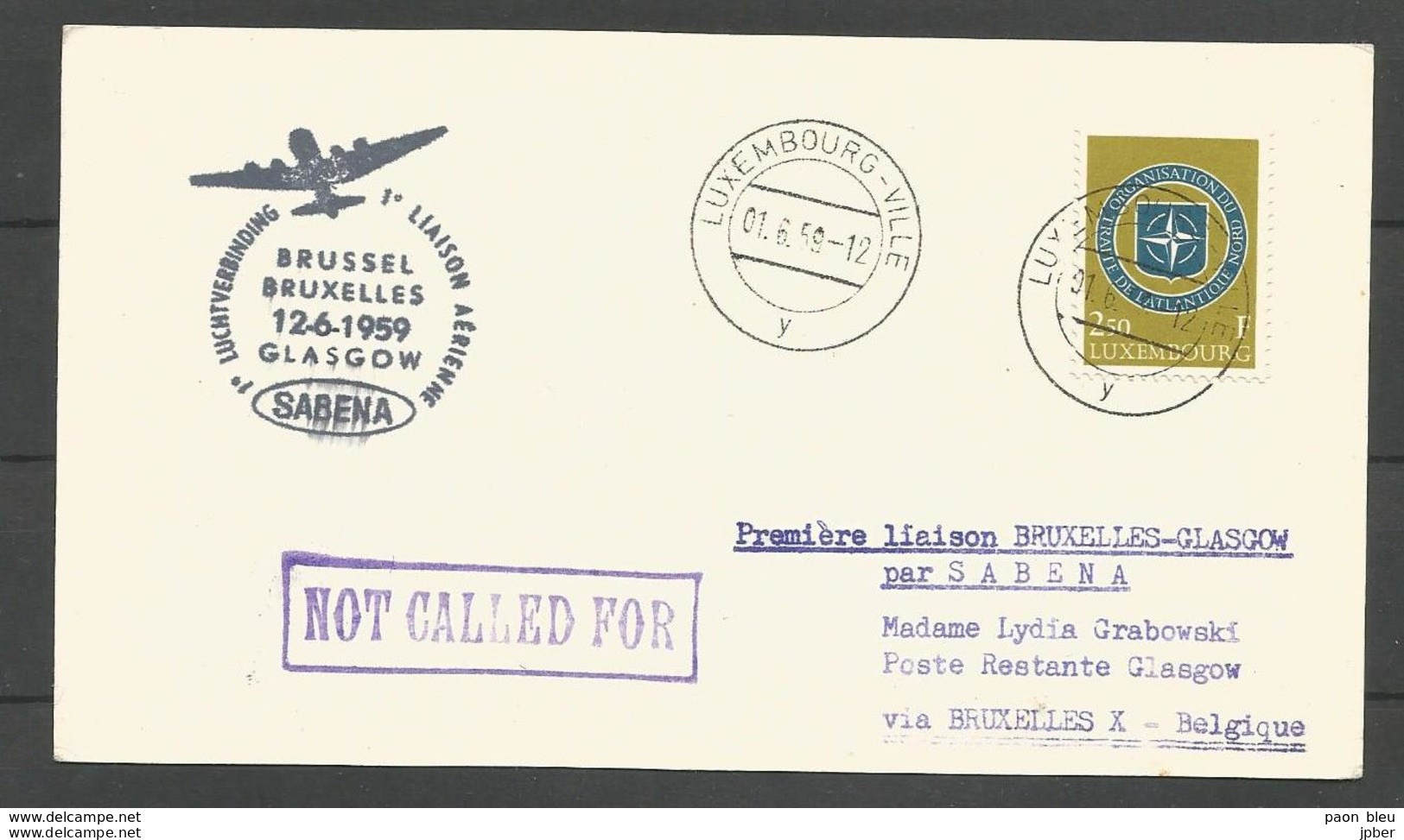 Aérophilatélie - Carte 1959 - Luxembourg - 1er Vol Sabena Bruxelles/Glasgow - Storia Postale