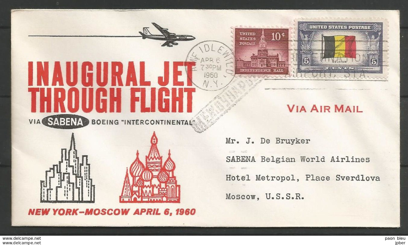 Aérophilatélie - USA - Lettre 6/4/1960 - New York-Moscou - Sabena Boeing Intercontinental 707 - 2c. 1941-1960 Covers