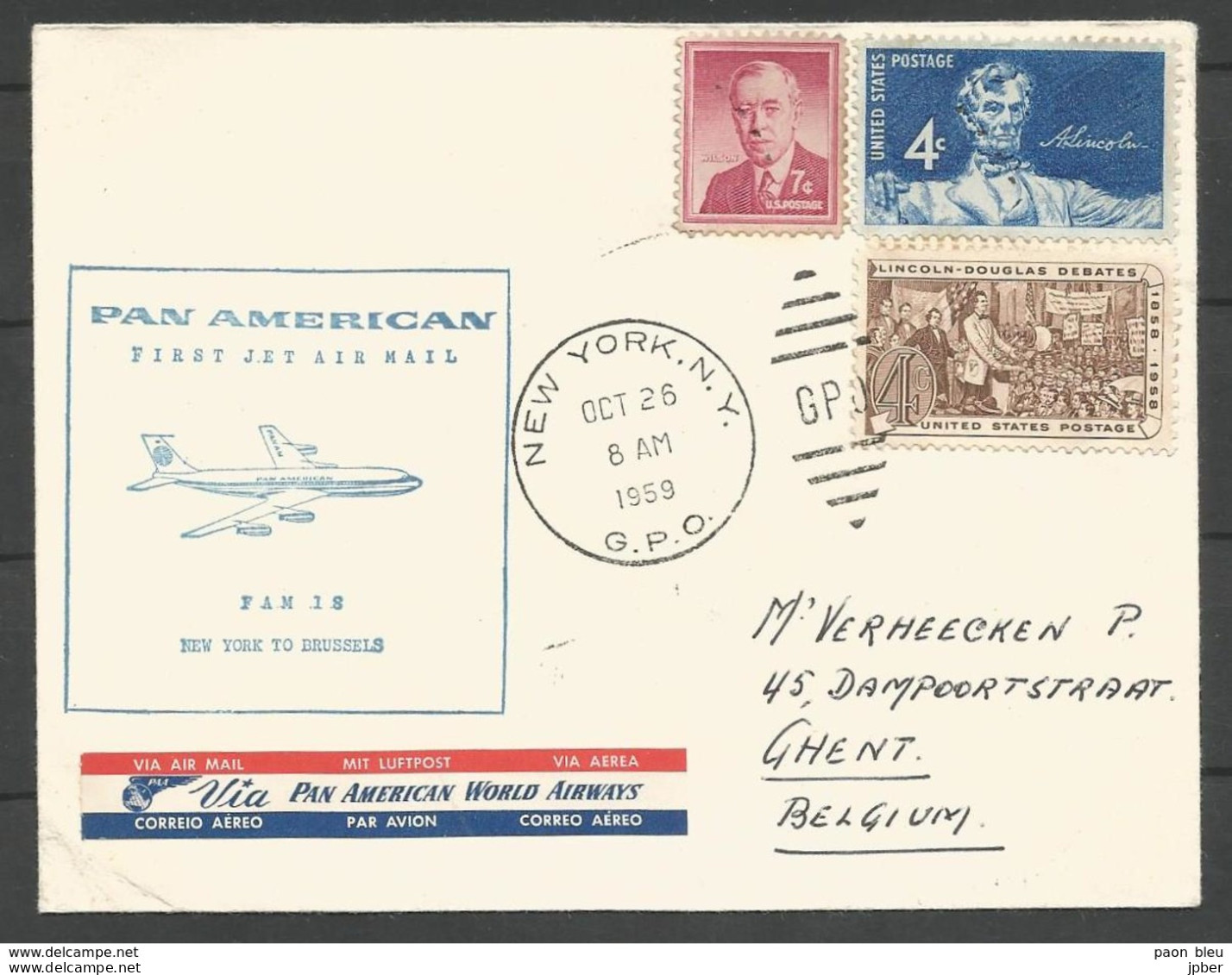 Aérophilatélie - USA - Lettre 26/10/59 - New York-Bruxelles-Gand/Gent - PAA Pan Am - - 1c. 1918-1940 Storia Postale