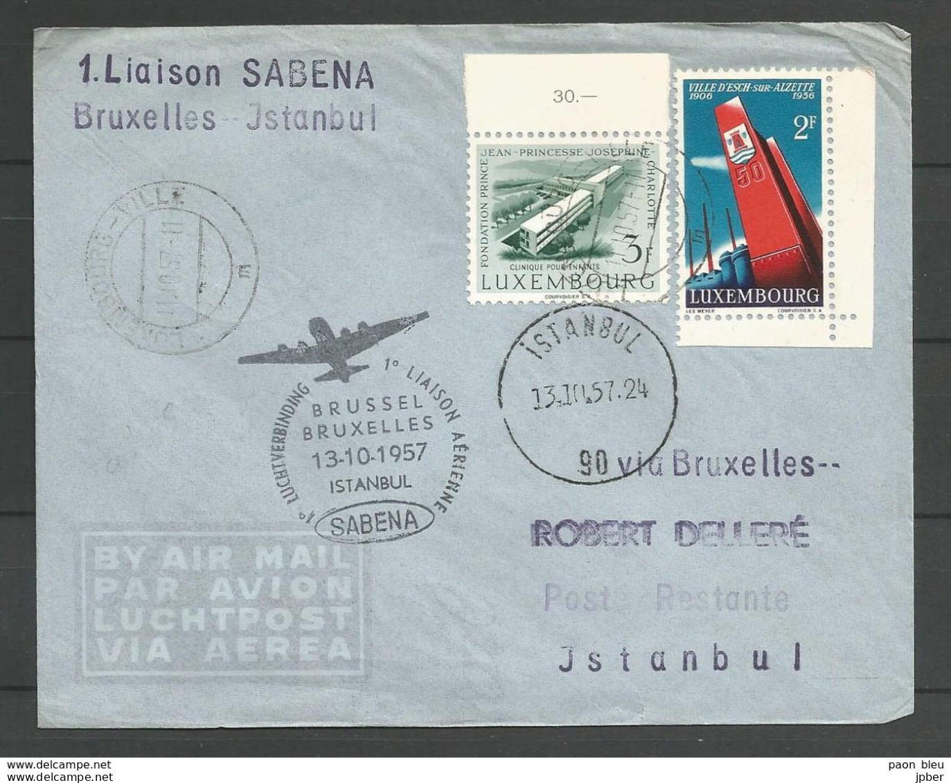 Aérophilatélie - Lettre 1957 - Luxembourg - Sabena 1er Vol Bruxelles/Istanbul - Cartas & Documentos