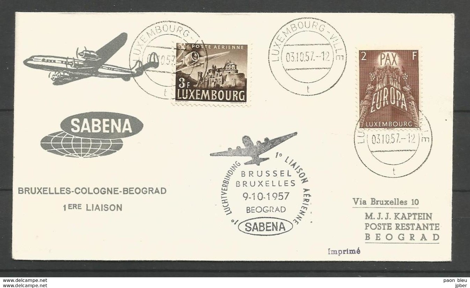 Aérophilatélie - Lettre 1957 - Luxembourg - Sabena 1er Vol Bruxelles/Cologne/Belgrade - Köln - Beograd - Storia Postale