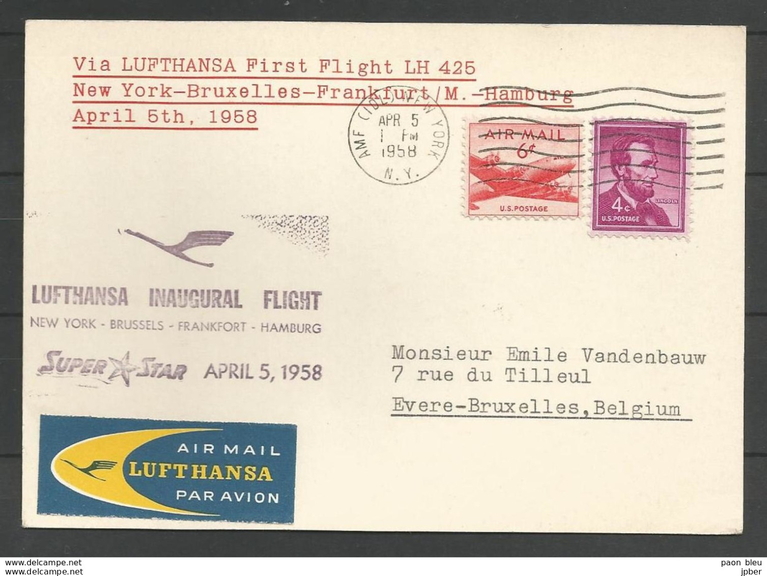 Aérophilatélie - USA - Carte 05/04/1958 - New York-Bruxelles-Frankfort- Hambourg - Lufthansa Inaugural Flight - 1c. 1918-1940 Brieven
