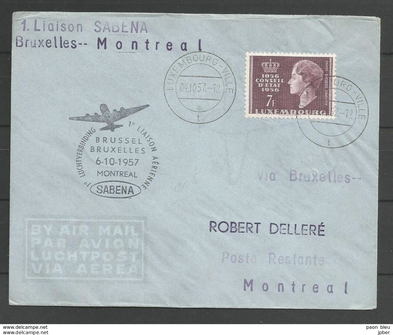 Aérophilatélie - Lettre 1957 - Luxembourg - Sabena 1er Vol Bruxelles/Montreal - Lettres & Documents