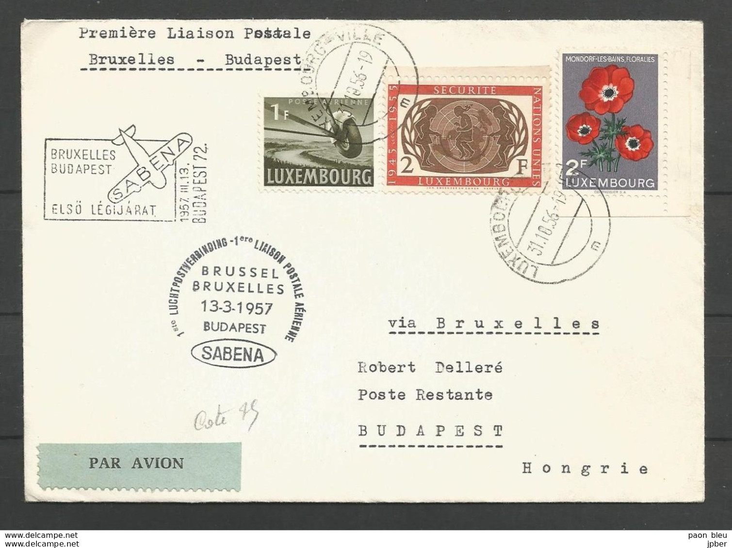 Aérophilatélie - Lettre 1957 - Luxembourg - Sabena 1er Vol Bruxelles/Budapest - Legipost - Lettres & Documents