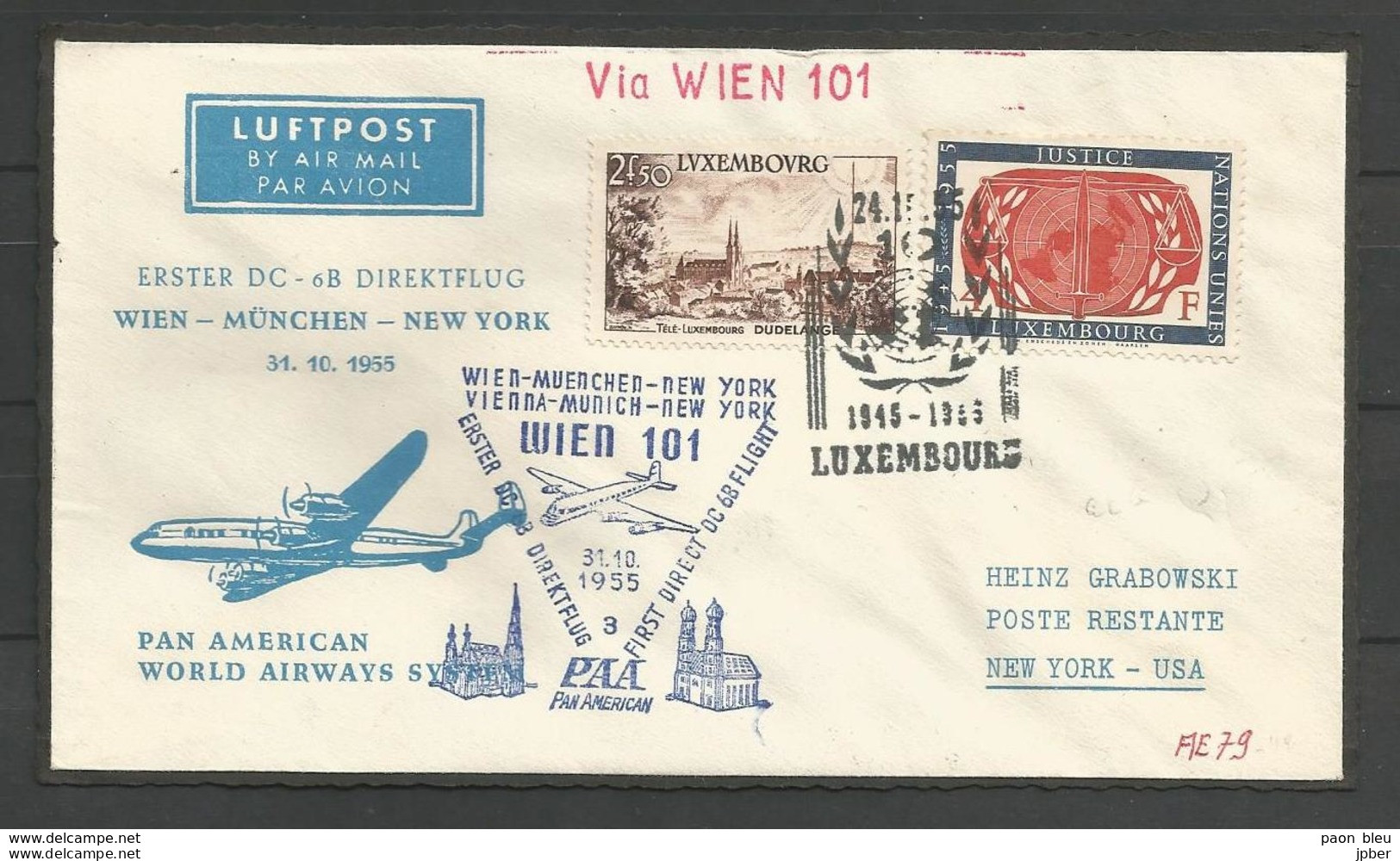 Aérophilatélie - Lettre 1955 - Luxembourg - Vienne/Wien - Munich/Muenchen - New-York - PanAm DC6B - Briefe U. Dokumente