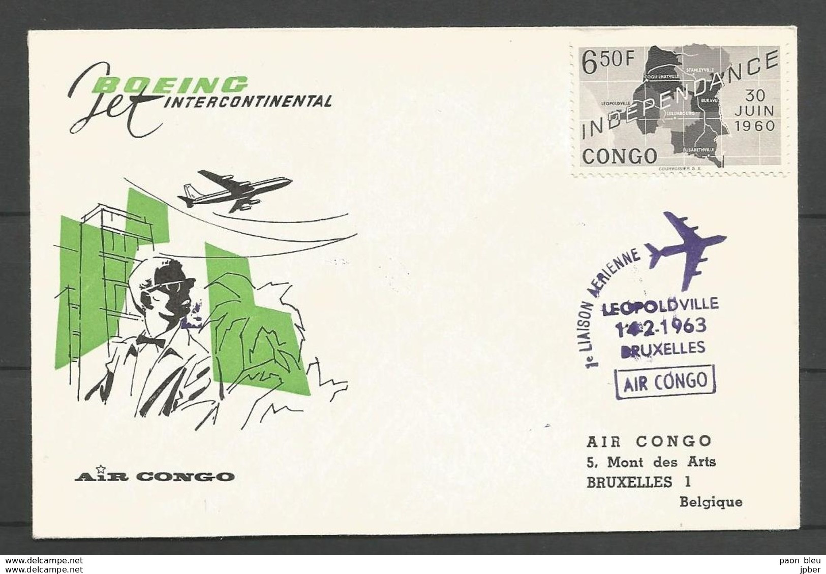 Aérophilatélie - Lettre Congo - 14-02-63 - Air Congo - Léopoldville-Bruxelles - Boeing - Autres & Non Classés