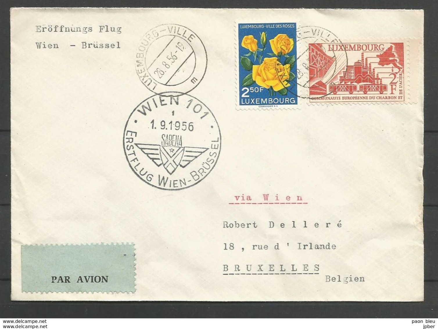 Aérophilatélie - Lettre 1956 - Luxembourg - Sabena 1er Vol Vienne/Bruxelles - Wien/Brüssel Erstflug - Storia Postale