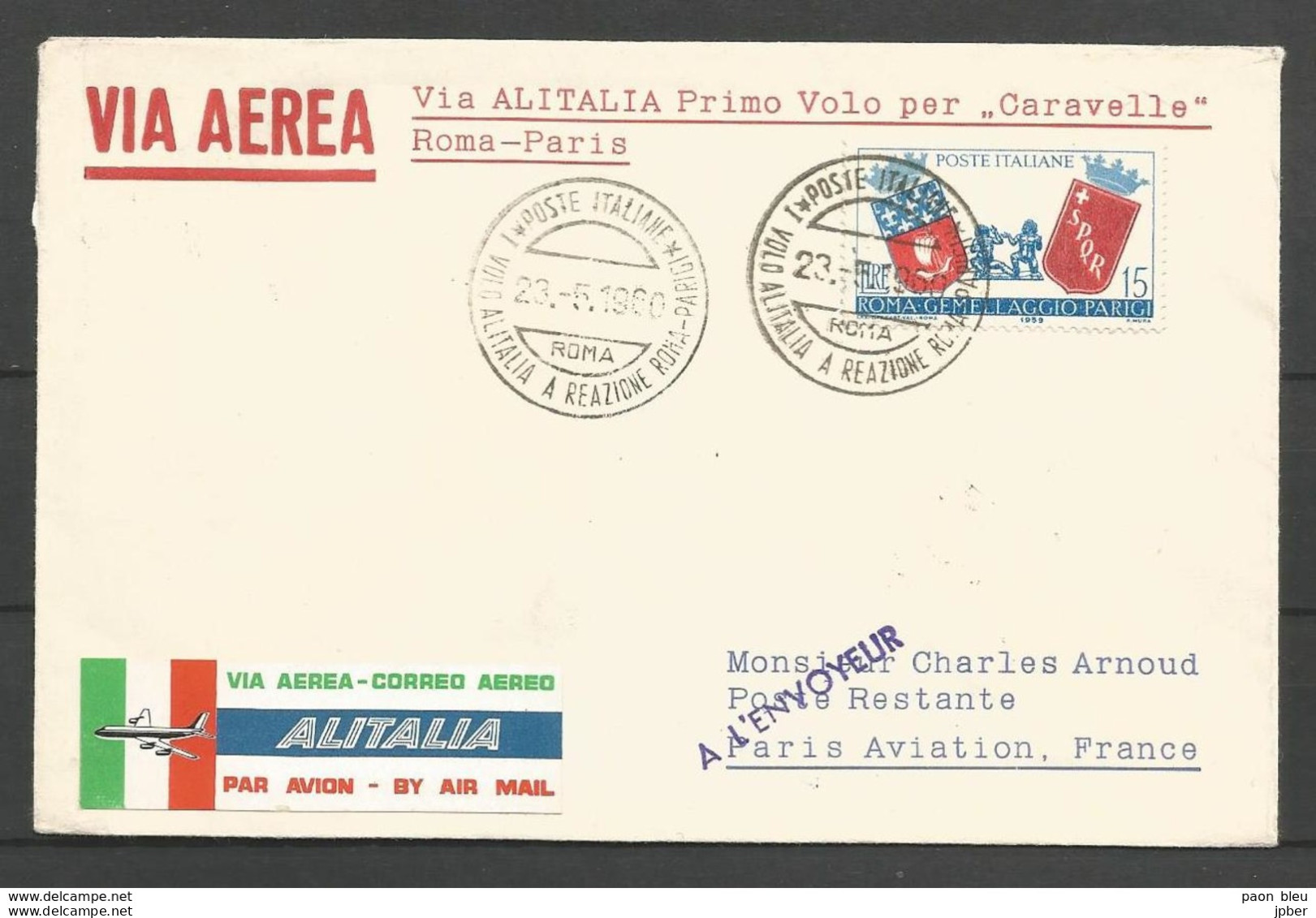 Aérophilatélie - Italie - Lettre 23/05/1960 - Alitalia 1o Volo Caravelle Roma-Paris - 1946-60: Marcofilia