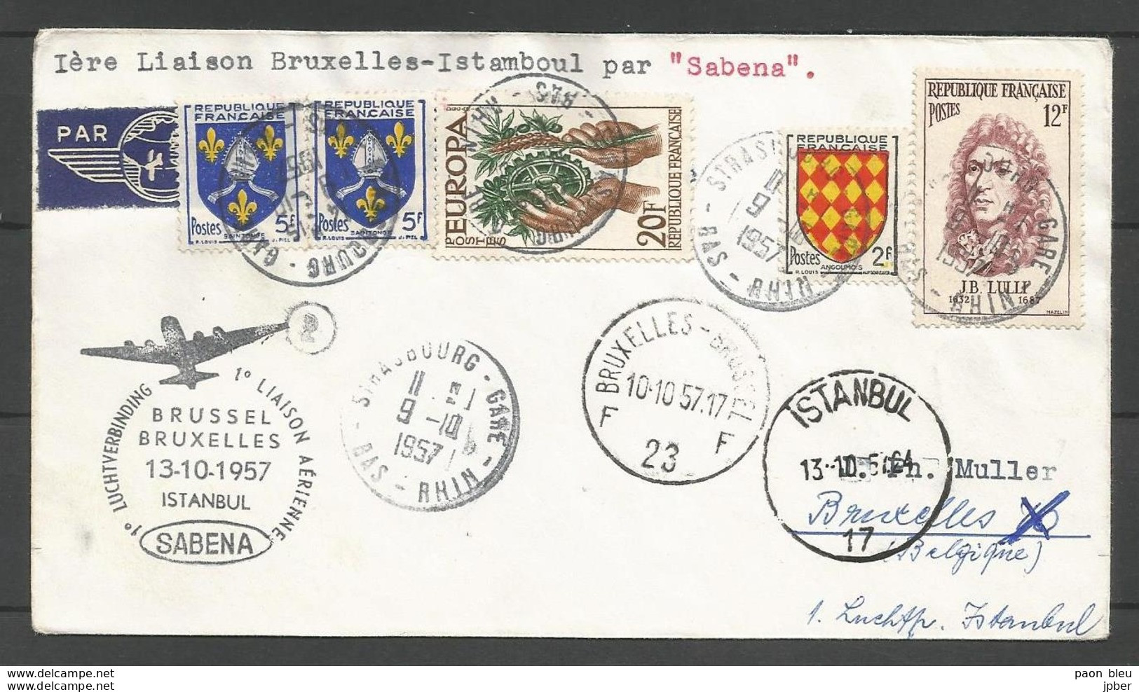 France - Aérophilatélie - Lettre 13/10/57 De Strasbourg + Cachet 1ère Liaison Bruxelles-Istanbul Sabena - 1960-.... Briefe & Dokumente