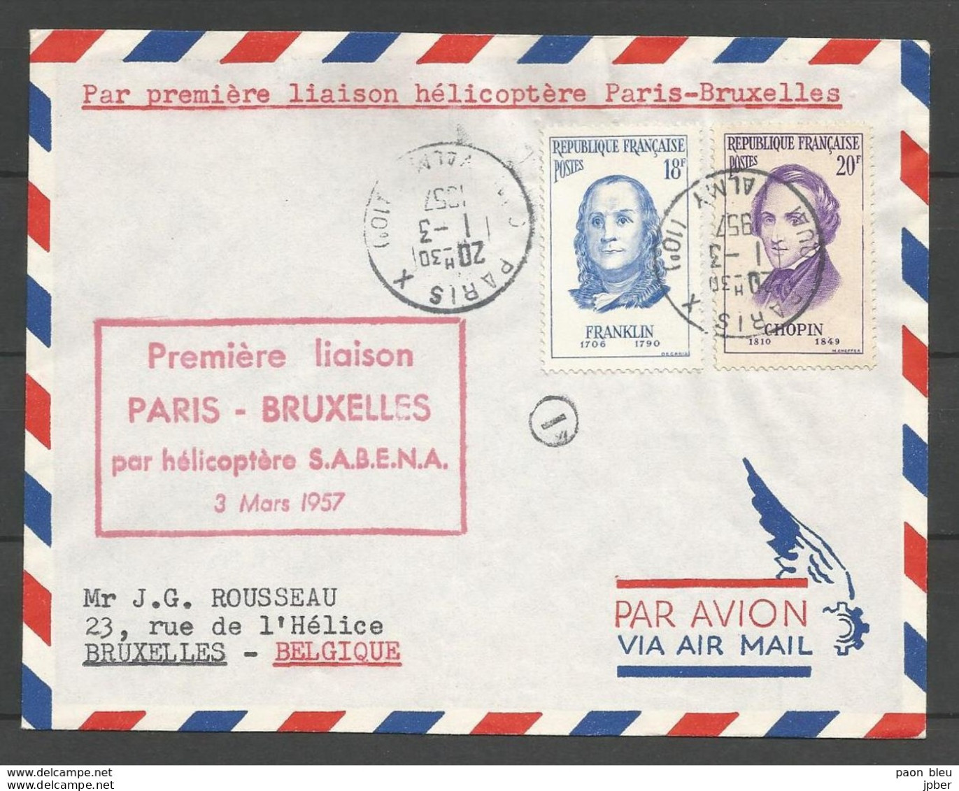 France - Aérophilatélie - Lettre 01/03/57 + Cachet 1ère Liaison Paris-Bruxelles Par Hélicoptère Sabena - 1960-.... Storia Postale