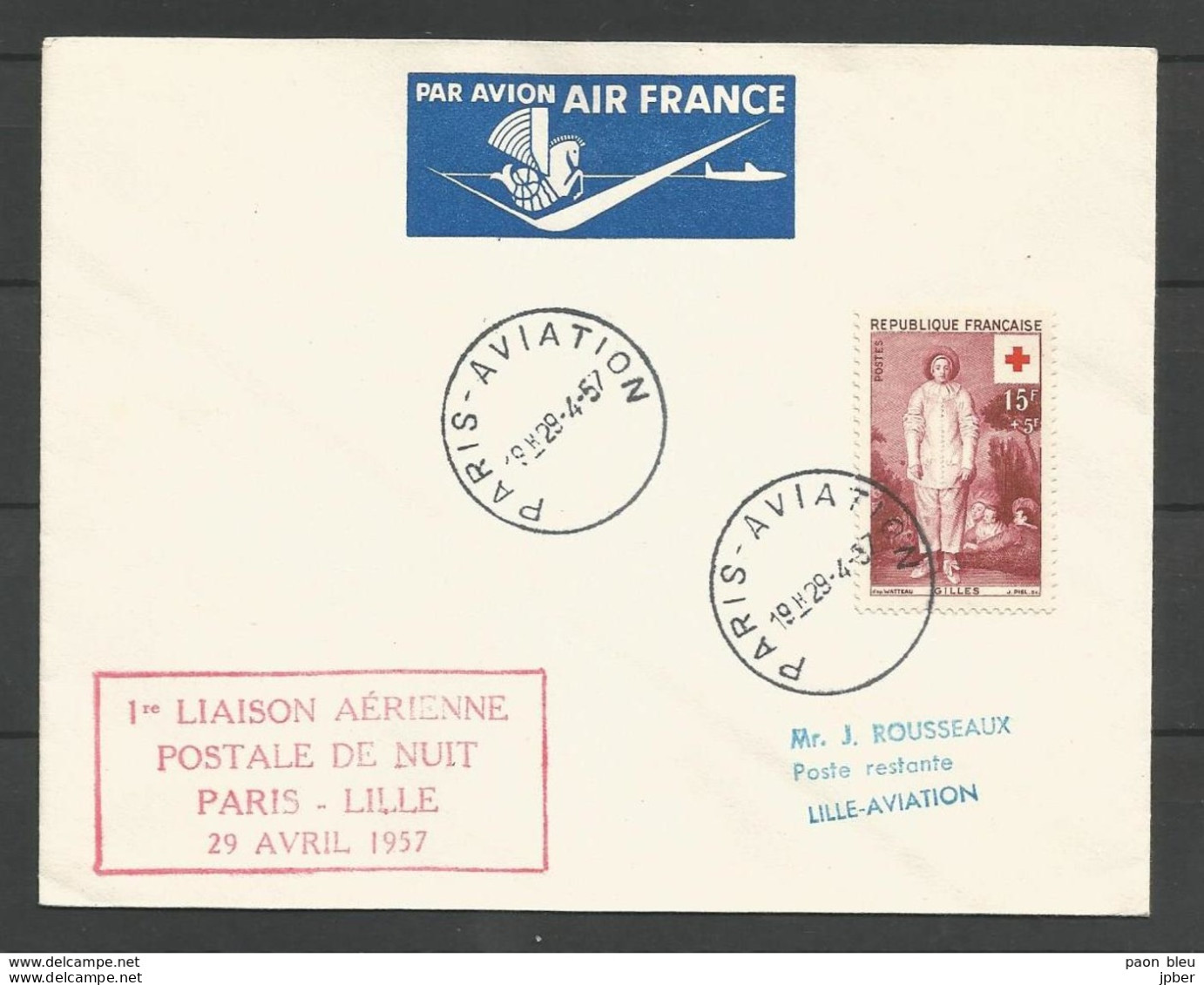 France - Aérophilatélie - Lettre 29/04/57 - Cachet 1ère Liaison Aérienne Postale De Nuit Paris-Lille - 1960-.... Lettres & Documents