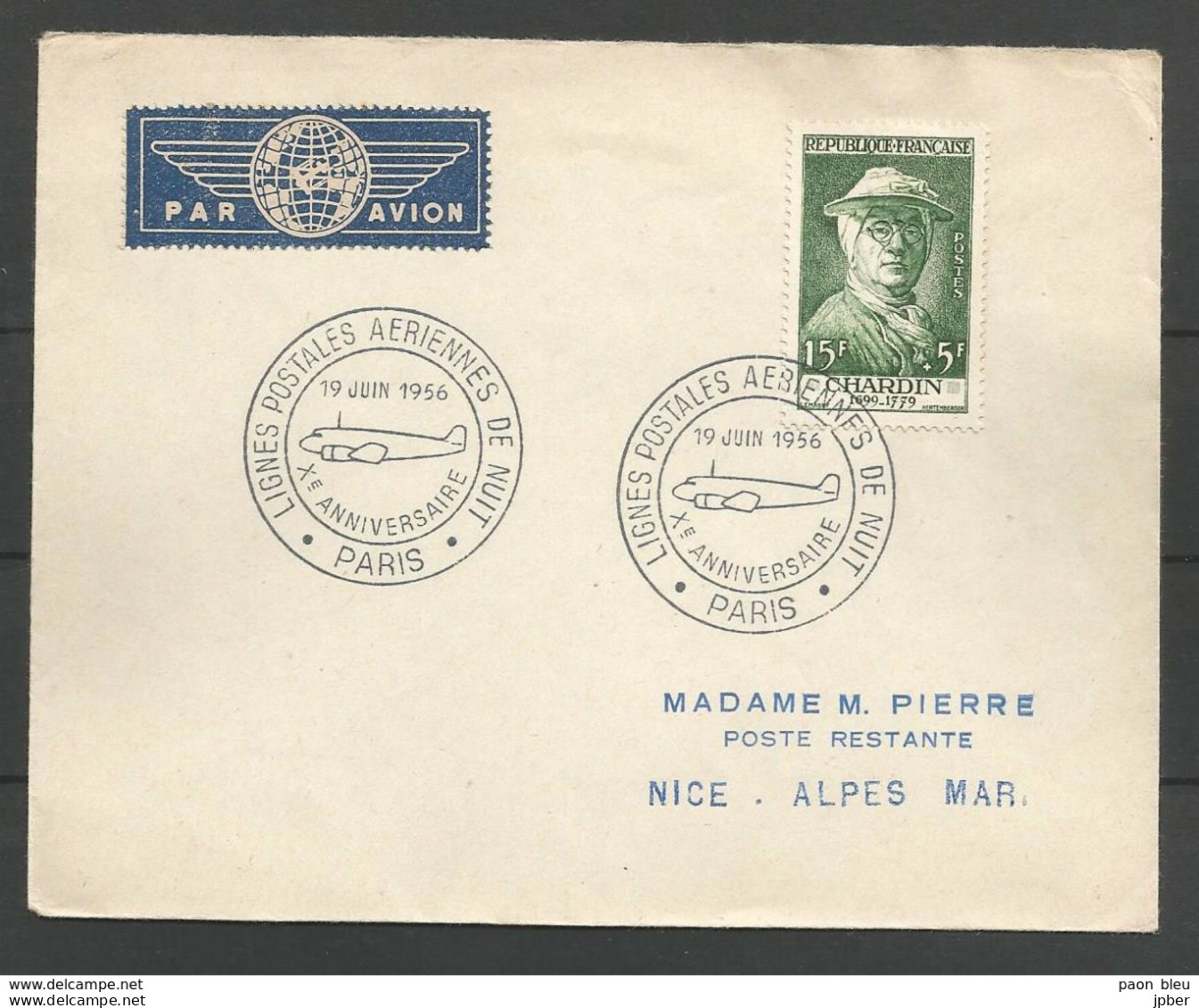 France - Aérophilatélie - Lettre 19/06/56 Vers Nice + Cachet Lignes Postales Aériennes De Nuit - 1960-.... Lettres & Documents