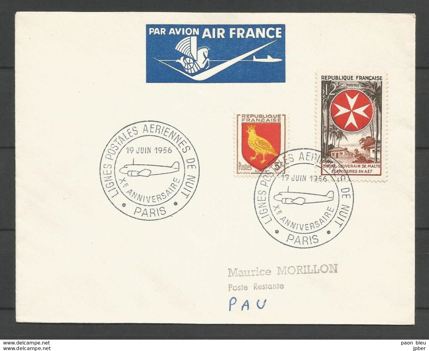 France - Aérophilatélie - Lettre 19/06/56 Vers Pau + Cachet Lignes Postales Aériennes De Nuit - 1960-.... Brieven & Documenten