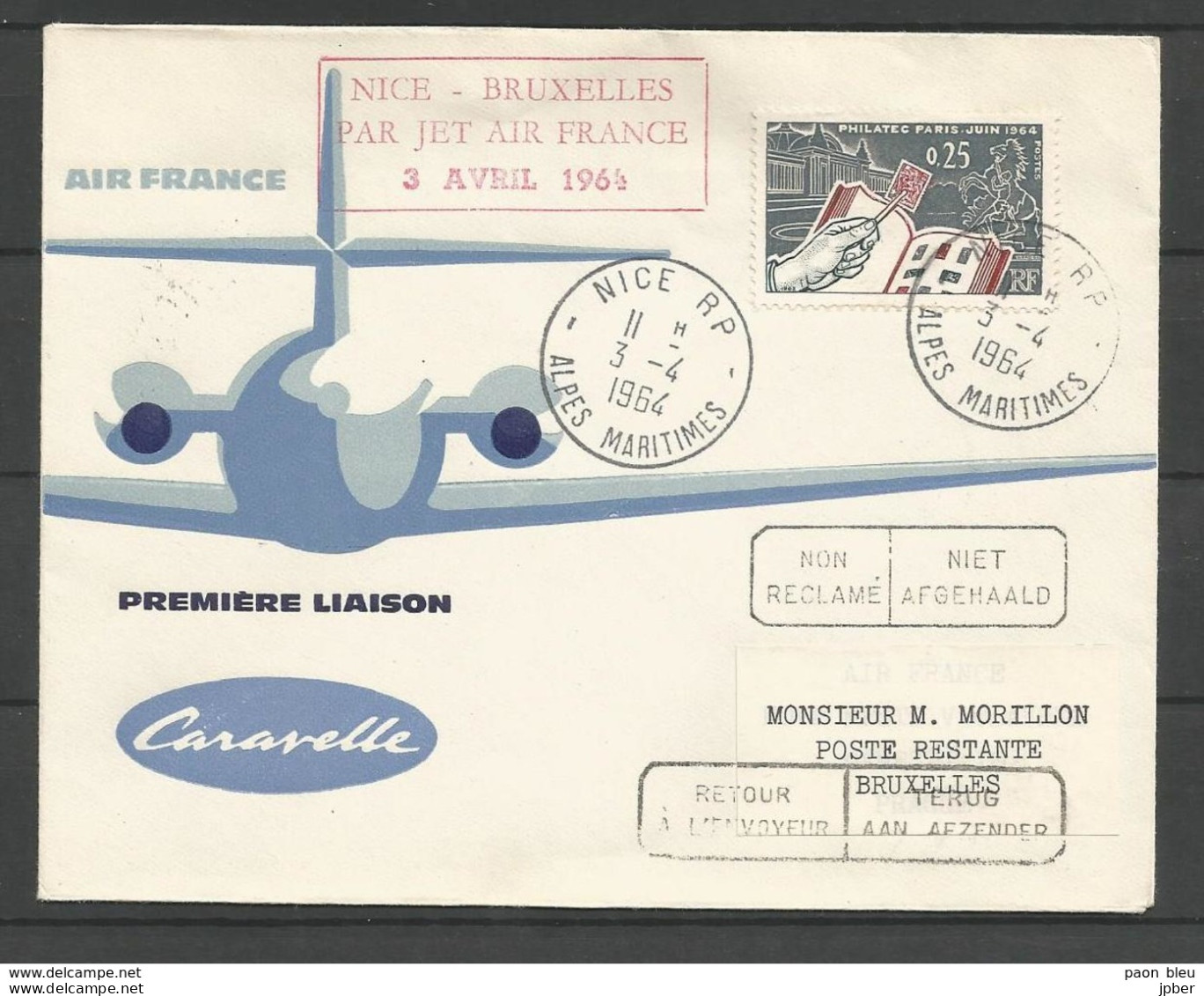 France - Aérophilatélie - Air France Caravelle Nice-Bruxelles 03/04/1964 - 1403 Philatec - 1960-.... Storia Postale