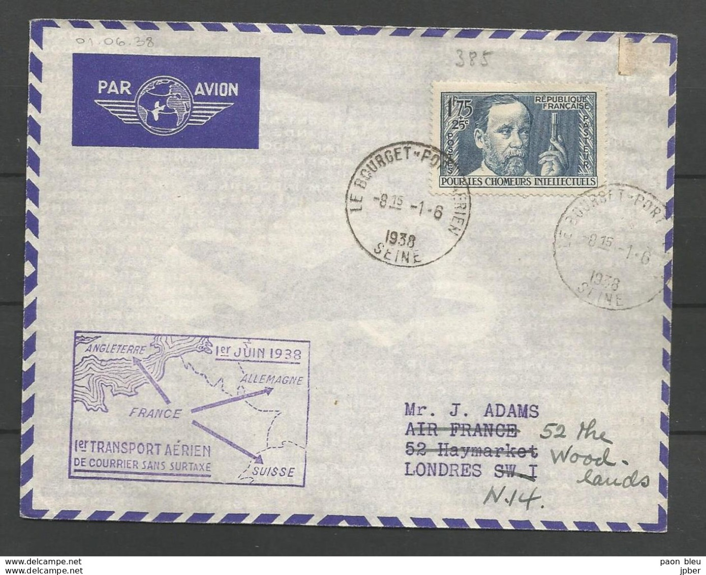 France - Aérophilatélie - Lettre Du 01/06/38 Vers Londres + Cachet 1er Transport - 1960-.... Storia Postale