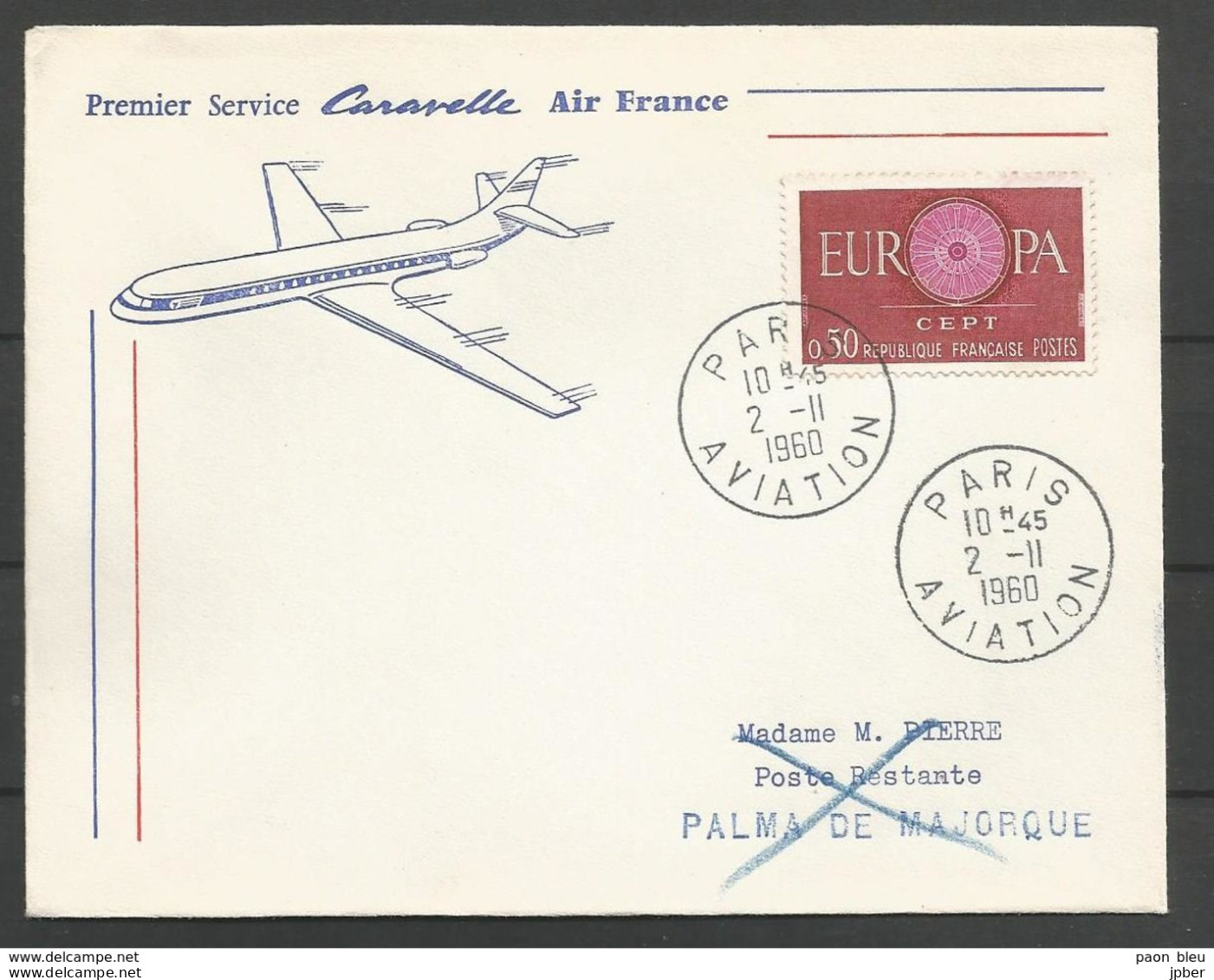France - Aérophilatélie - Air France Caravelle Paris-Palma De Majorque 02/11/1960 - 1267 Europa - 1960-.... Lettres & Documents