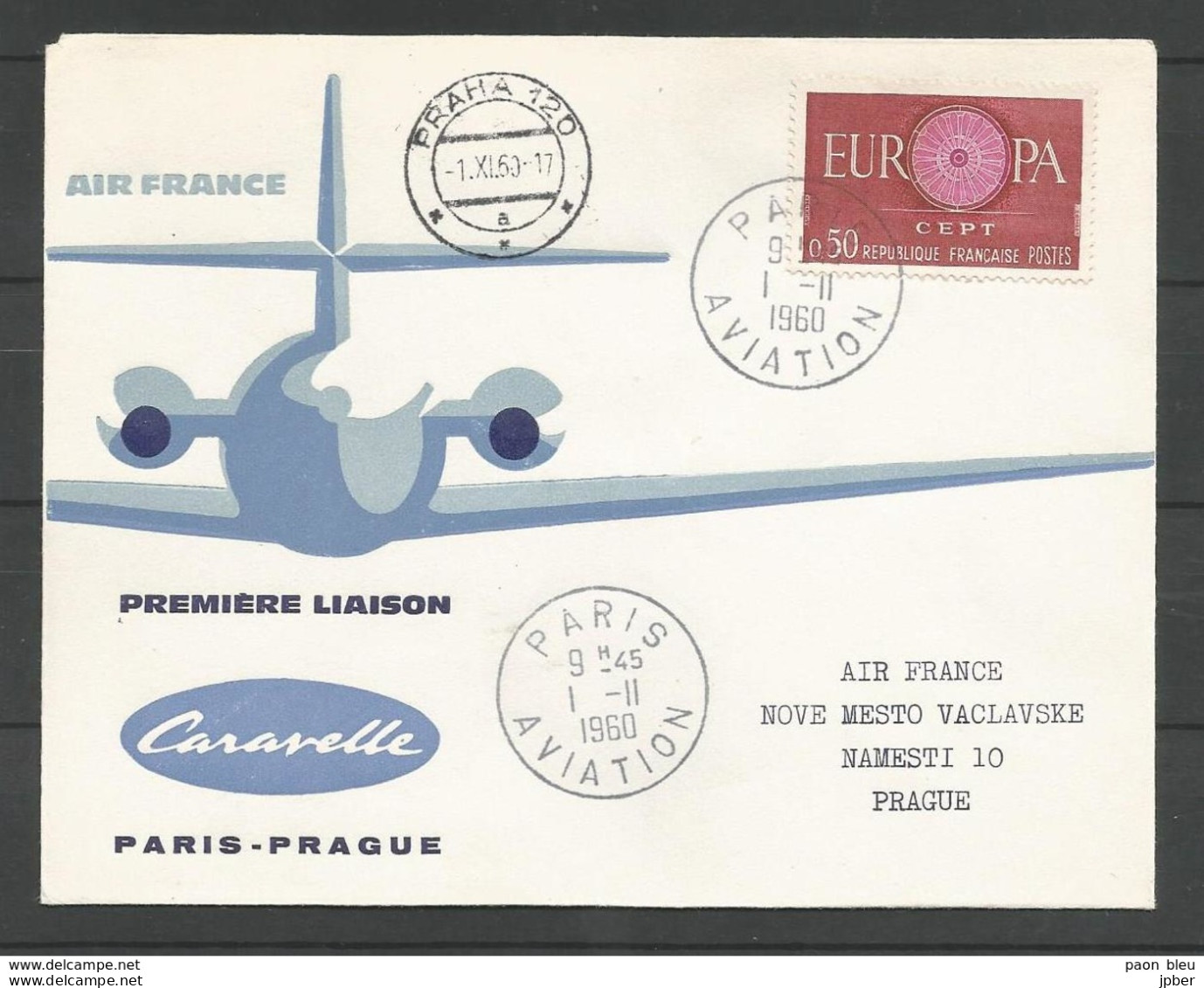 France - Aérophilatélie - Air France Caravelle Paris-Prague 01/11/1960 - 1267 Europa - 1960-.... Covers & Documents