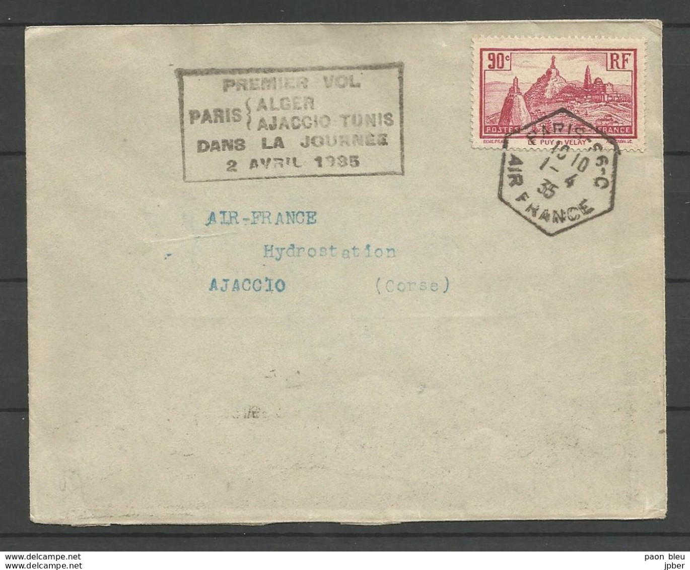 France - Aérophilatélie - Lettre Paris-Ajaccio 01/01/35 + Cachet 1er Vol Paris-Alger-Ajaccio-Tunis - 1960-.... Storia Postale