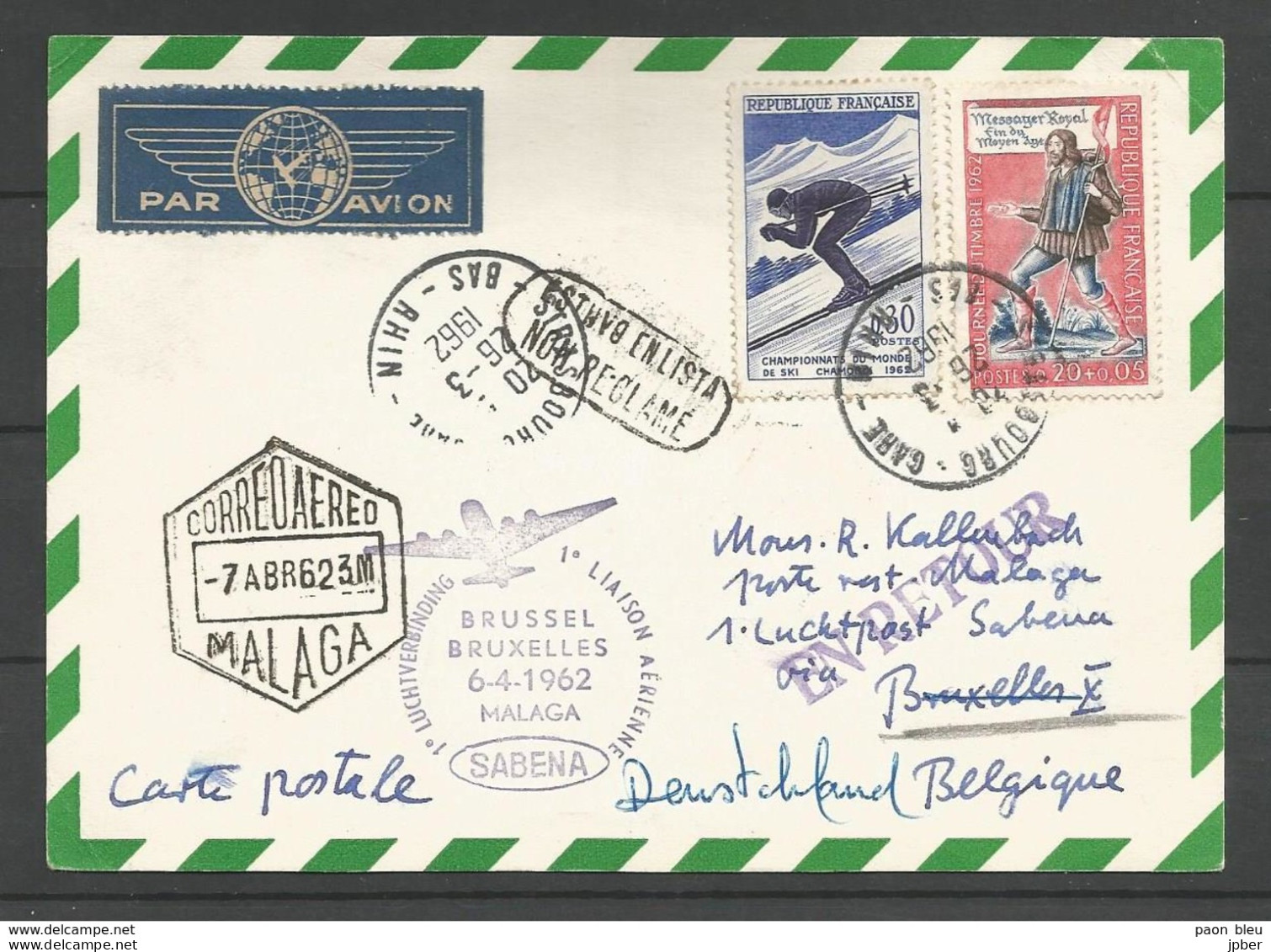 France - Aérophilatélie - Sabena Bruxelles-Malaga 06/04/1962 - Strasbourg 26/03/1962 - 1326 Chamonix 1332 Messager - 1960-.... Lettres & Documents