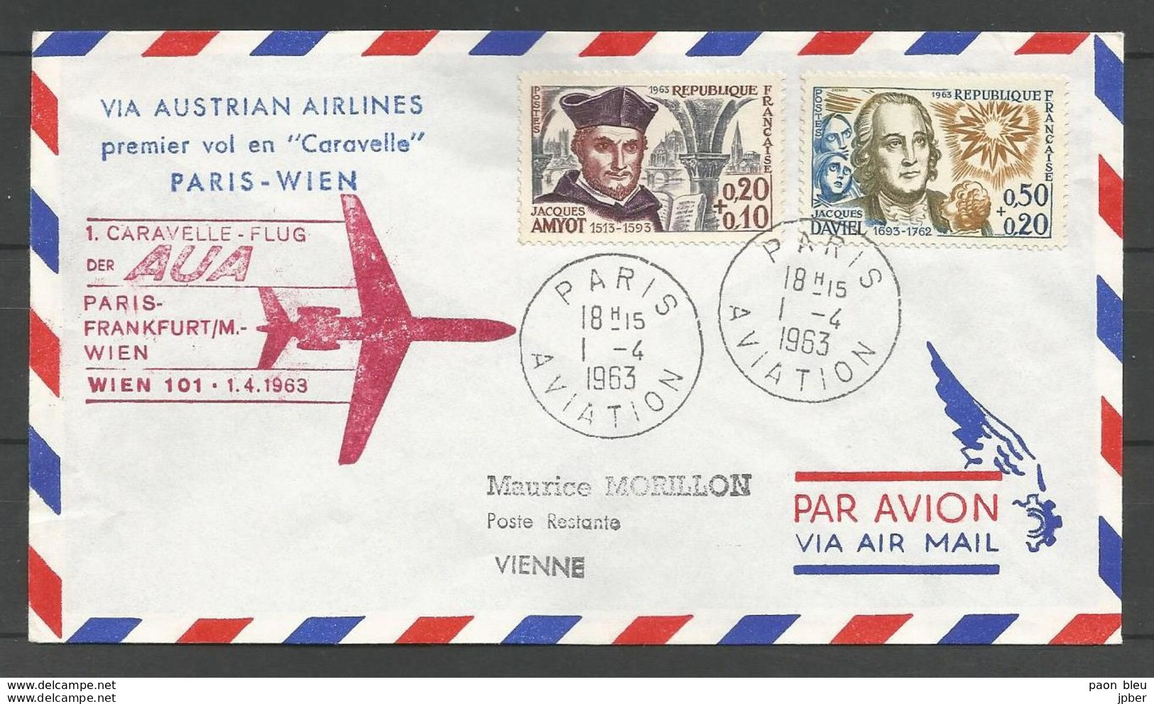 France - Aérophilatélie - Austrian Airlines Caravelle Paris-Frankfurt-Wien 01/04/1963 - 1370 Amyot 1374 Daviel - 1960-.... Covers & Documents