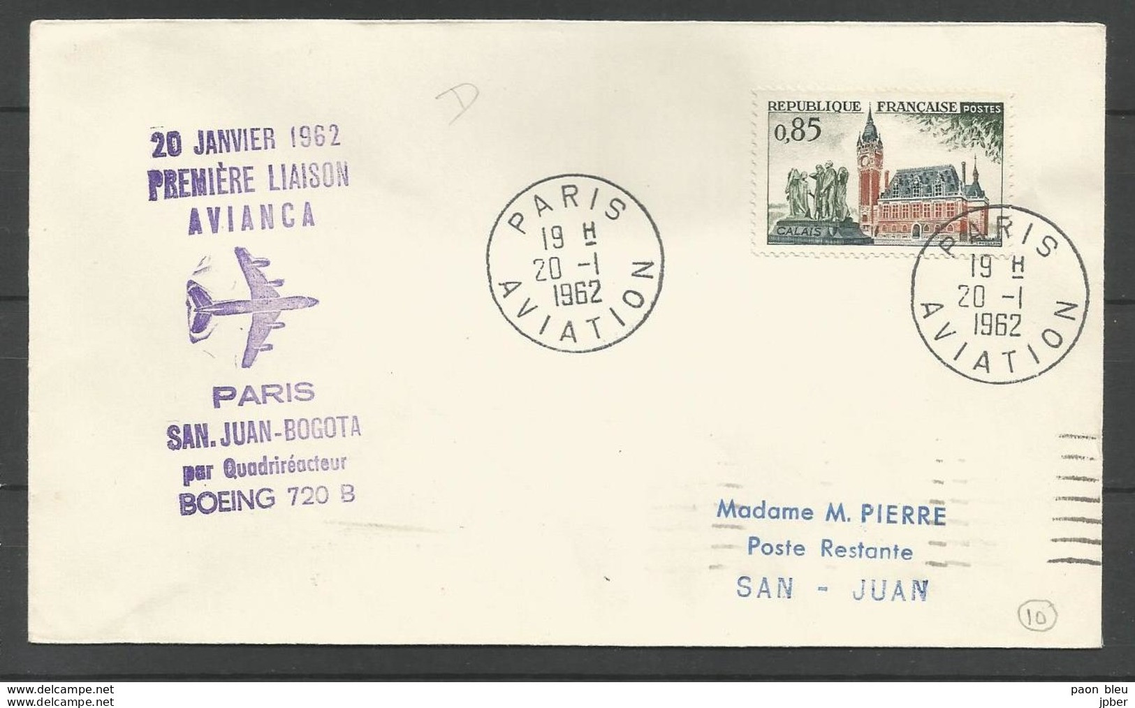 France - Aérophilatélie - Avianca 20/01/1962 Paris-San Juan-Bogota Boeing 720B - Cachet Paris Aviation - 1316 Calais - 1960-.... Covers & Documents