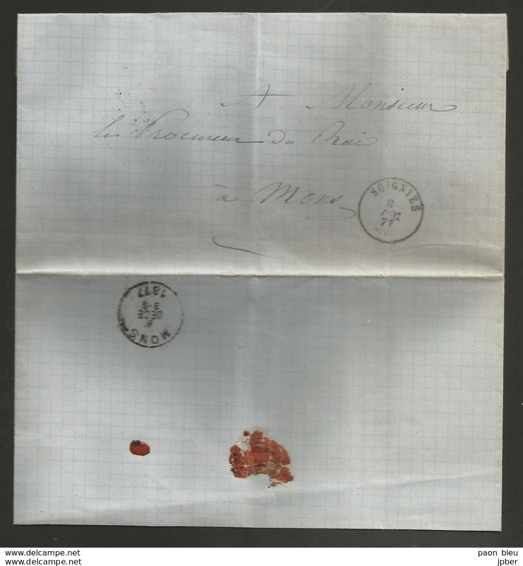 Belgique - Lettre (plainte Au Procureur Du Roi) Non Affranchie De Soignies à Mons Du 08/12/1877 - Franchise