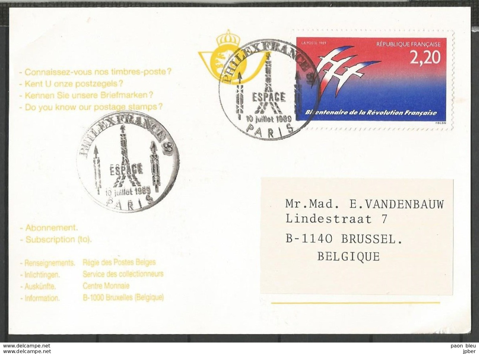 France - N°2560 (Bicentenaire Révolution Française - Folon) Sur Carte Cachet PhilexFrance - Espace - - Commemorative Postmarks