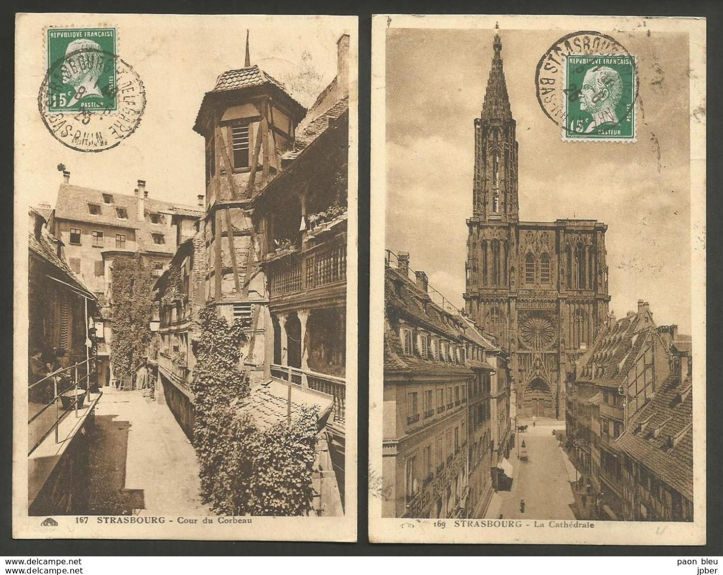 France - 2CPA De Strasbourg Pl De La Gare Des 8 Et 9-6-1925 - Timbres Type Pasteur N°171 - 1922-26 Pasteur