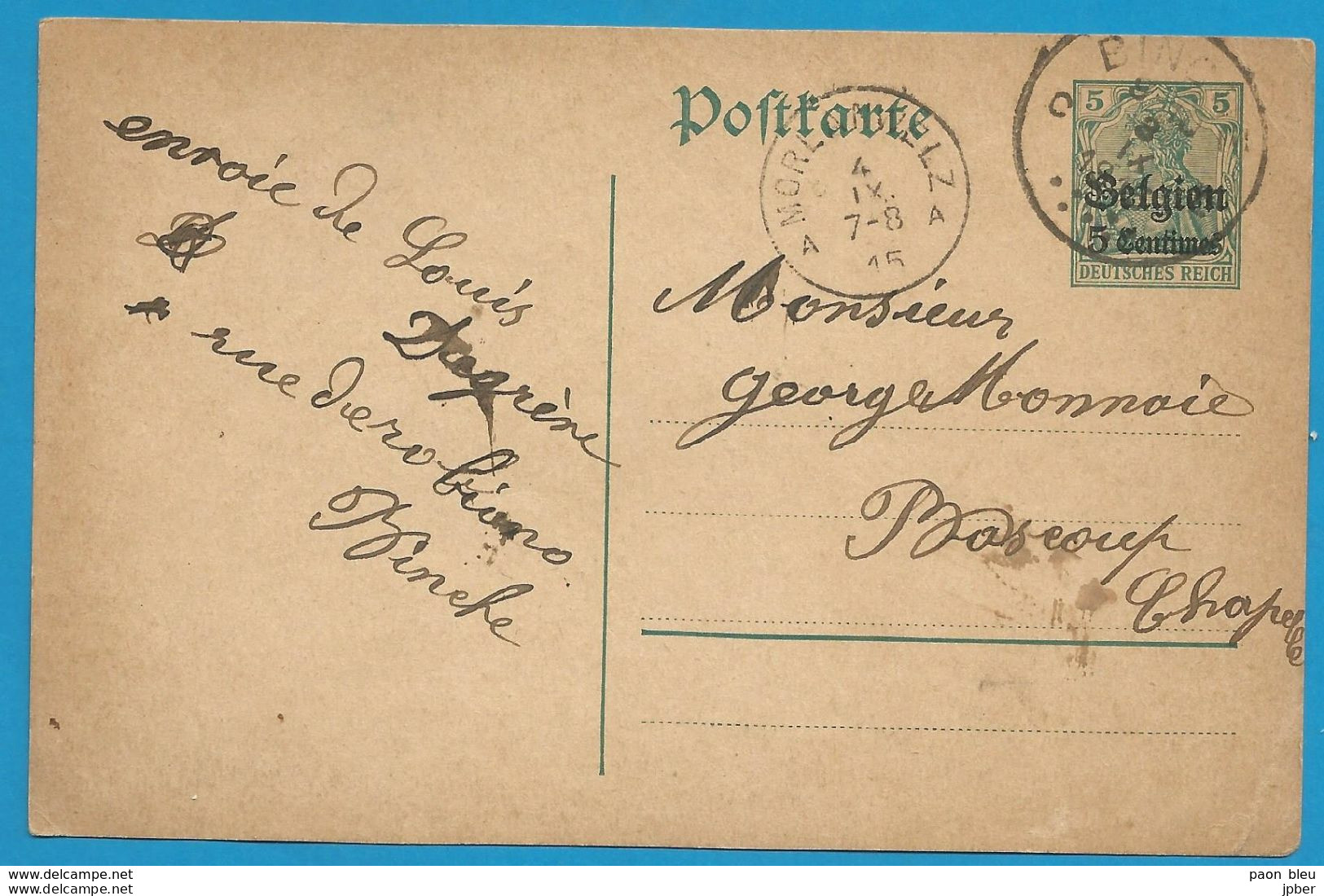 Belgique - Carte Postale OC2 - Obl. De BINCHE 3/9/1915 Et Vers Bascoup (MORLANWELZ 4/9/1915) - Autres & Non Classés