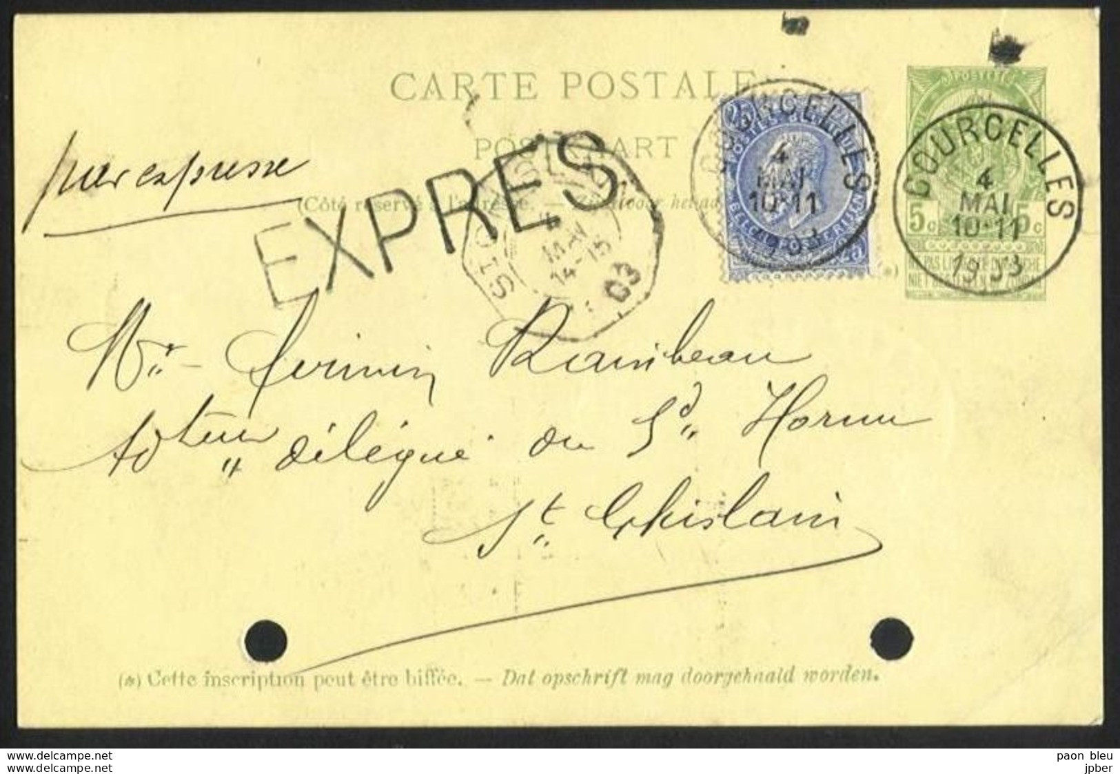 Belgique - Carte En Expres N°60 Obl. COURCELLES + Cachet Télégraphique St GHISLAIN + Charbonnages Grand-Conty & Spinois - 1893-1900 Schmaler Bart